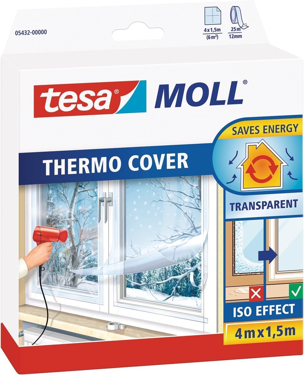 Tesamoll Thermo Cover Window Insulating Film – Transparent Insulating Foil for Thermal Insulation of Windows – Includes Double Sided Tape for Easy Installation – 4 M X 1.5 M