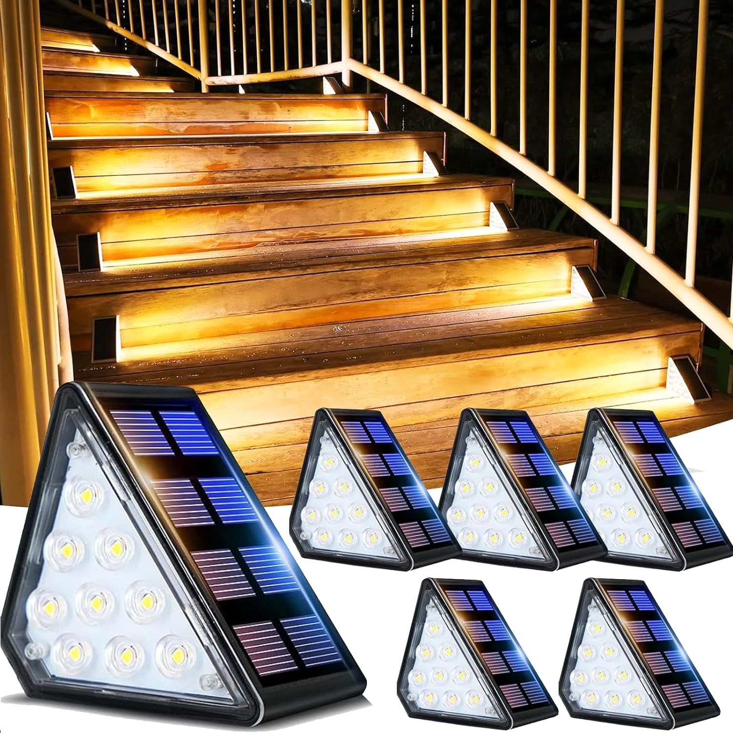 Solar Step Lights, 6 Pack 80LM 3000K Warm White Solar Stair Lights, IP67 Waterproof Outdoor Solar Powered Step Lights, Dusk to Dawn Lighting Decor for Garden Stair, Deck, Front Porch, Patio