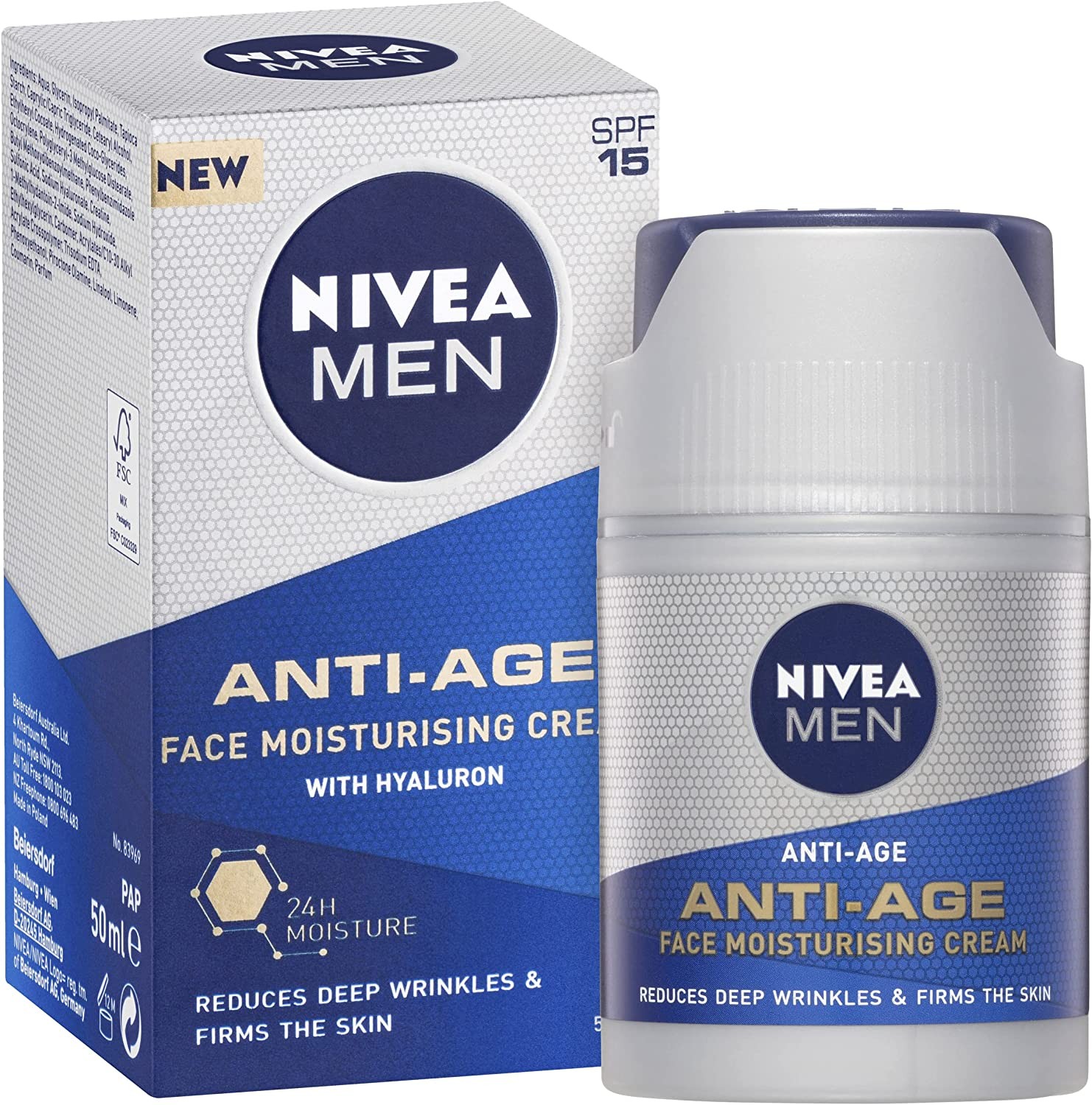 NIVEA MEN Hyaluronic Anti-Age Face Cream SPF15 (50Ml), anti Aging Face Cream for Men with Hyaluronic Acid, Face Moisturiser for Men