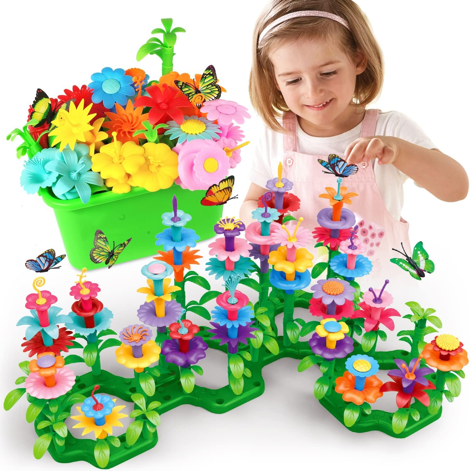 Springflower Gifts Toys for Girls 3 4 5 6 7 Years Old, Flower Garden Building Kit with Storage Case,Educational STEM Toy and Preschool Garden Play Set for Toddlers, 148Pcs