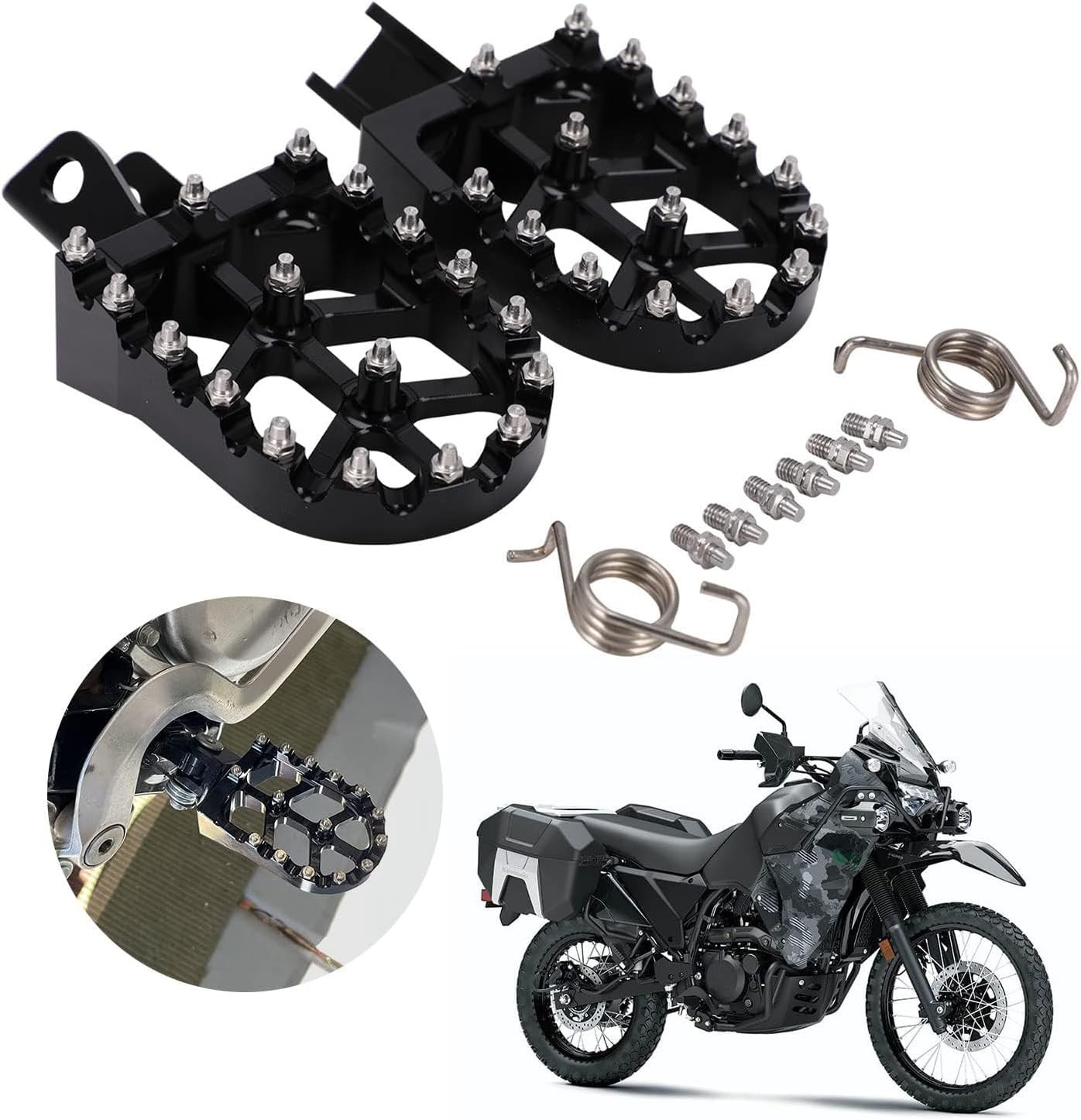 JFG RACING Motorcycle Footpegs Foot Pegs Pedals Rests CNC for KLR 650 KLR650 1987-2018 2021-2024 Vstrom 650 Vstrom 1000 Black