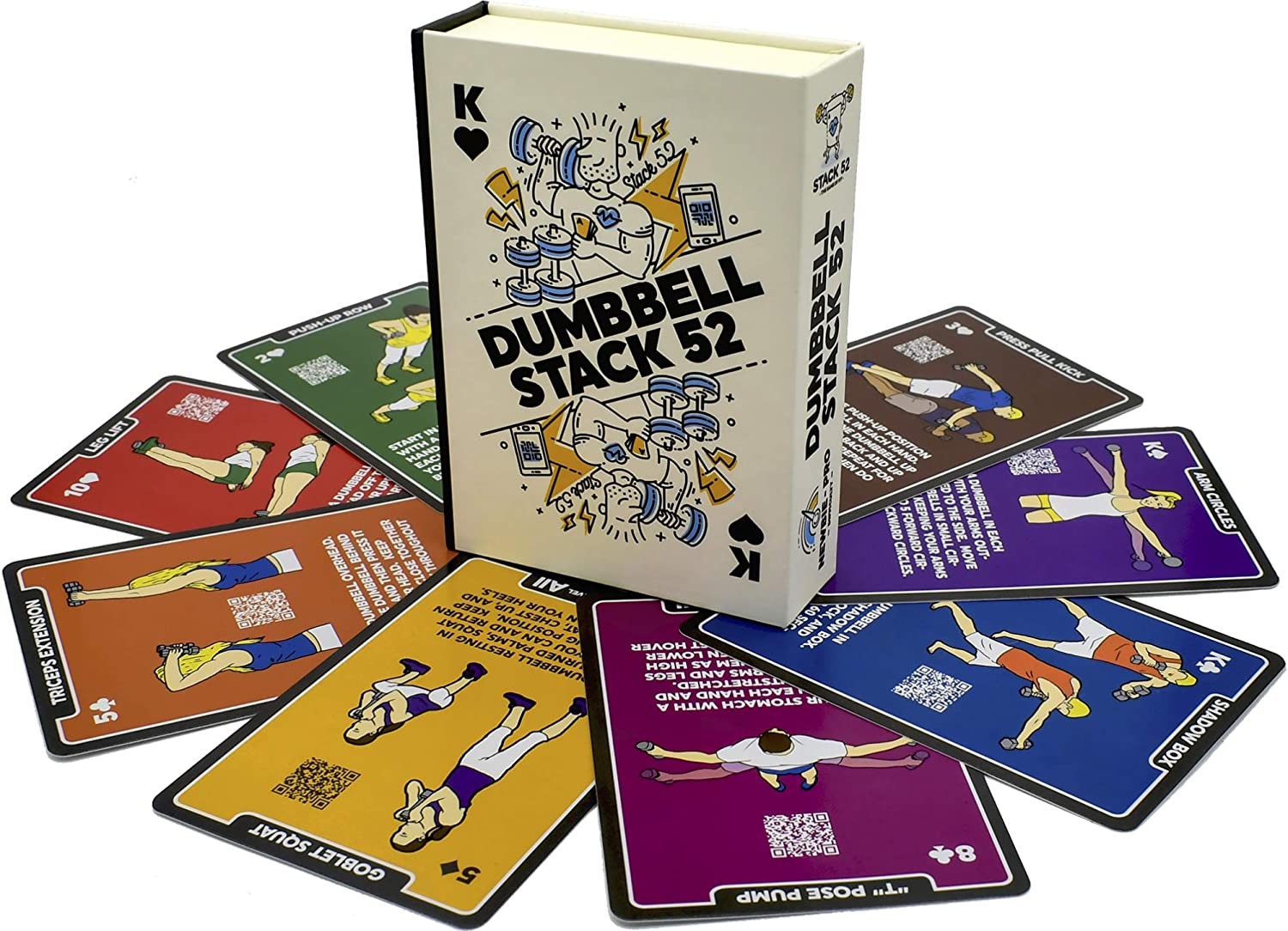 Stack 52 Dumbbell Exercise Cards. Dumbbell Workout Playing Card Game. Video Instructions Included. Perfect for Training with Adjustable Dumbbell Free Weight Sets and Home Gym Fitness.