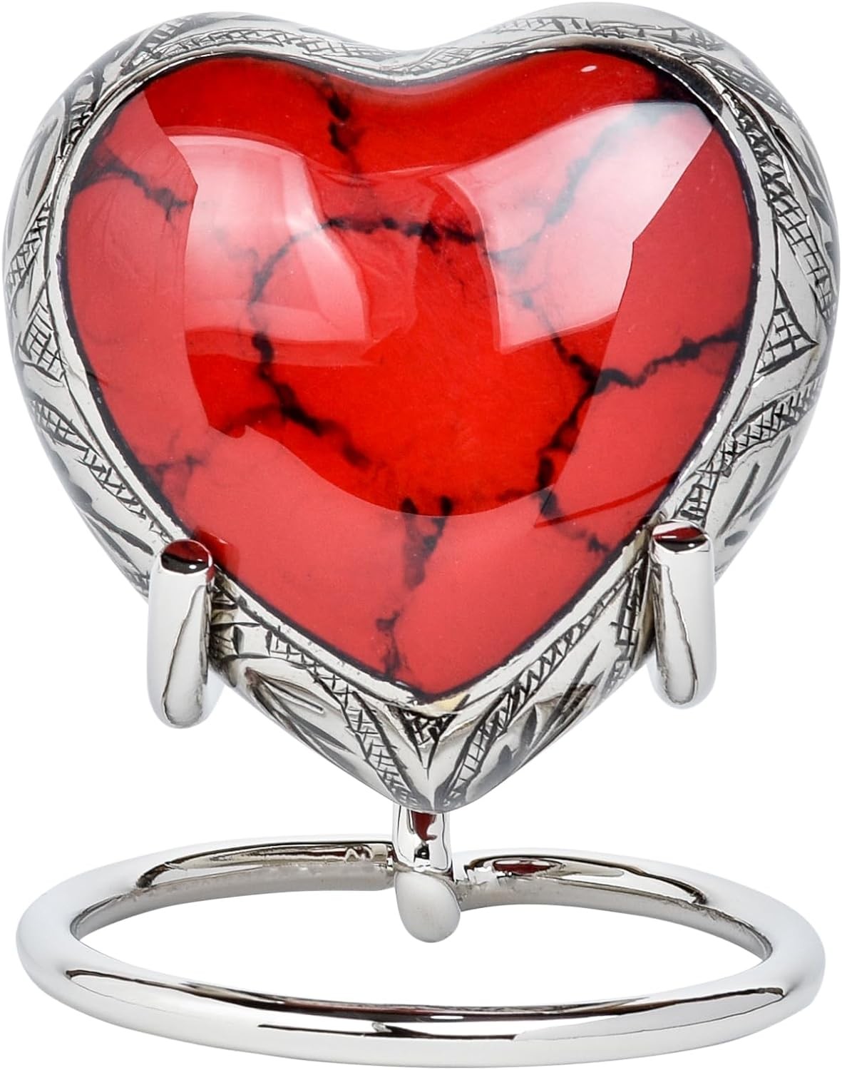 Royal Rapture Heart Cremation Urn for Ashes Funeral Memorial Mini Keepsake + Stand Metal Heart (Silver Red 3″)