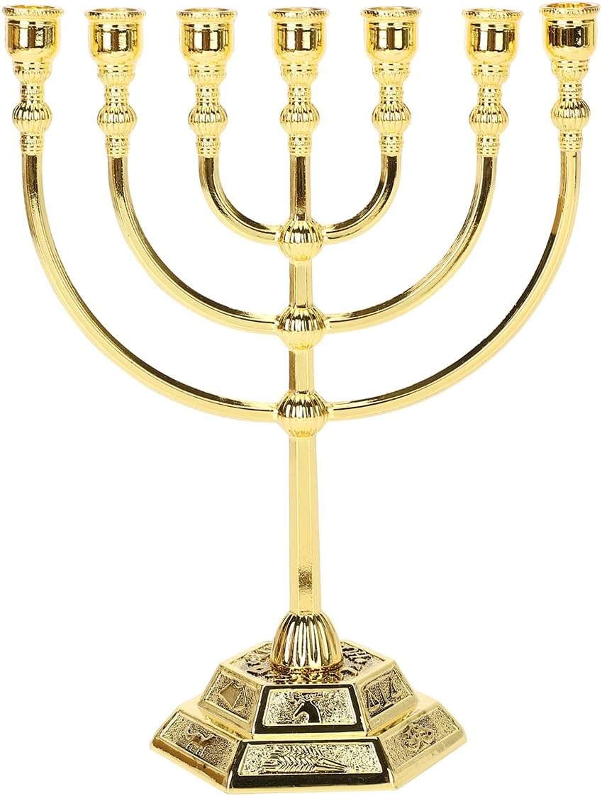 BRTAGG Menorah 7 Branches, 12 Tribes of Israel, Jerusalem Temple Jewish Candle Holder (6.7″, Gold)