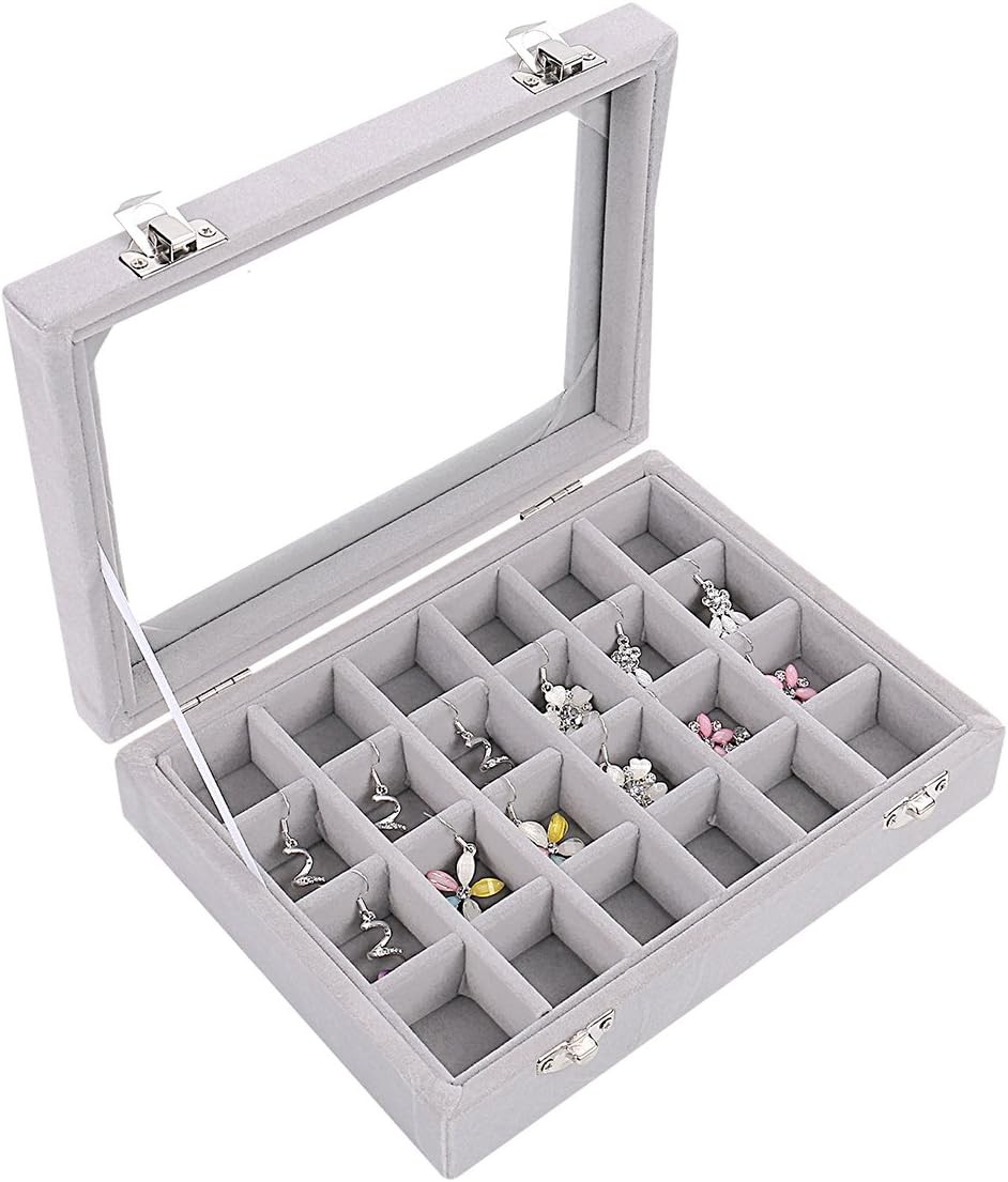 Ivosmart 24 Section Velvet Glass Jewelry Ring Display Organiser Box Tray Holder Earrings Storage Case (Grey)