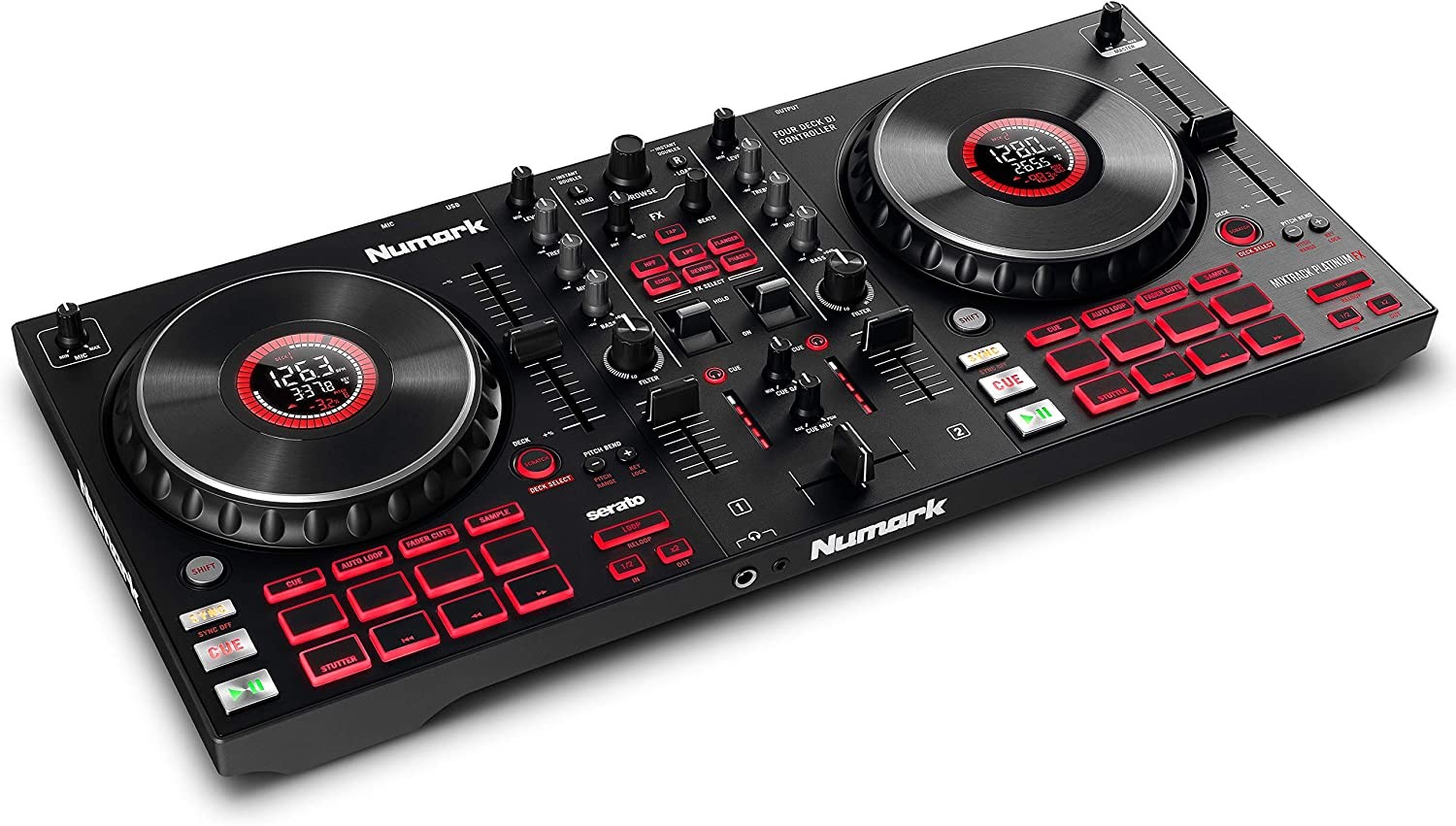 Numark Mixtrack Platinum FX – DJ Controller for Serato DJ with 4 Deck Control, DJ Mixer, Built-In Audio Interface, Jog Wheel Displays and FX Paddles