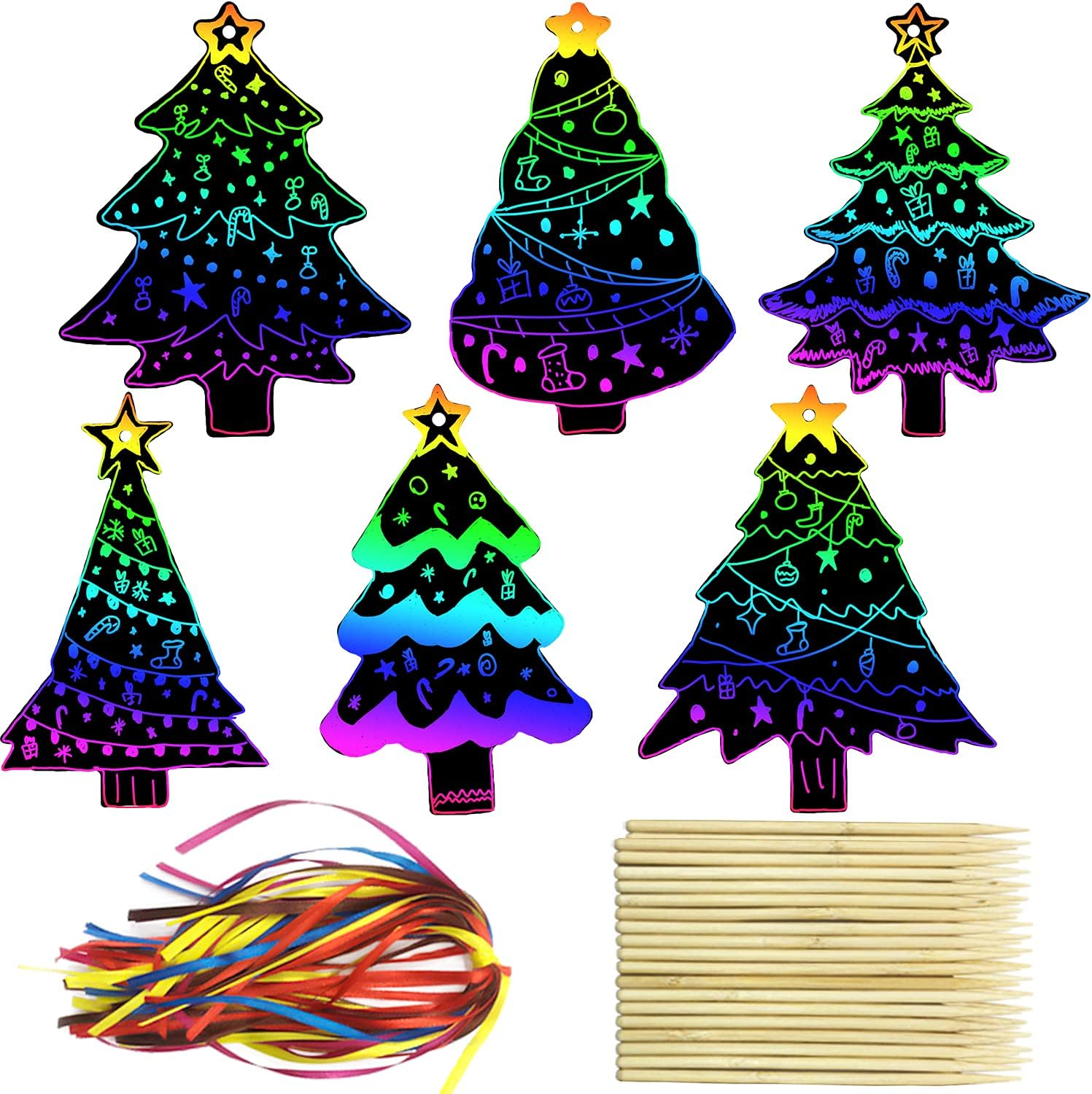 72Pcs Christmas Tree Scratch Paper Rainbow Color Scratch Ornaments Christmas Decorations Hanging Craft Art Kits with Wooden Stick and Ribbon for Kids Christmas Winter Party Favors