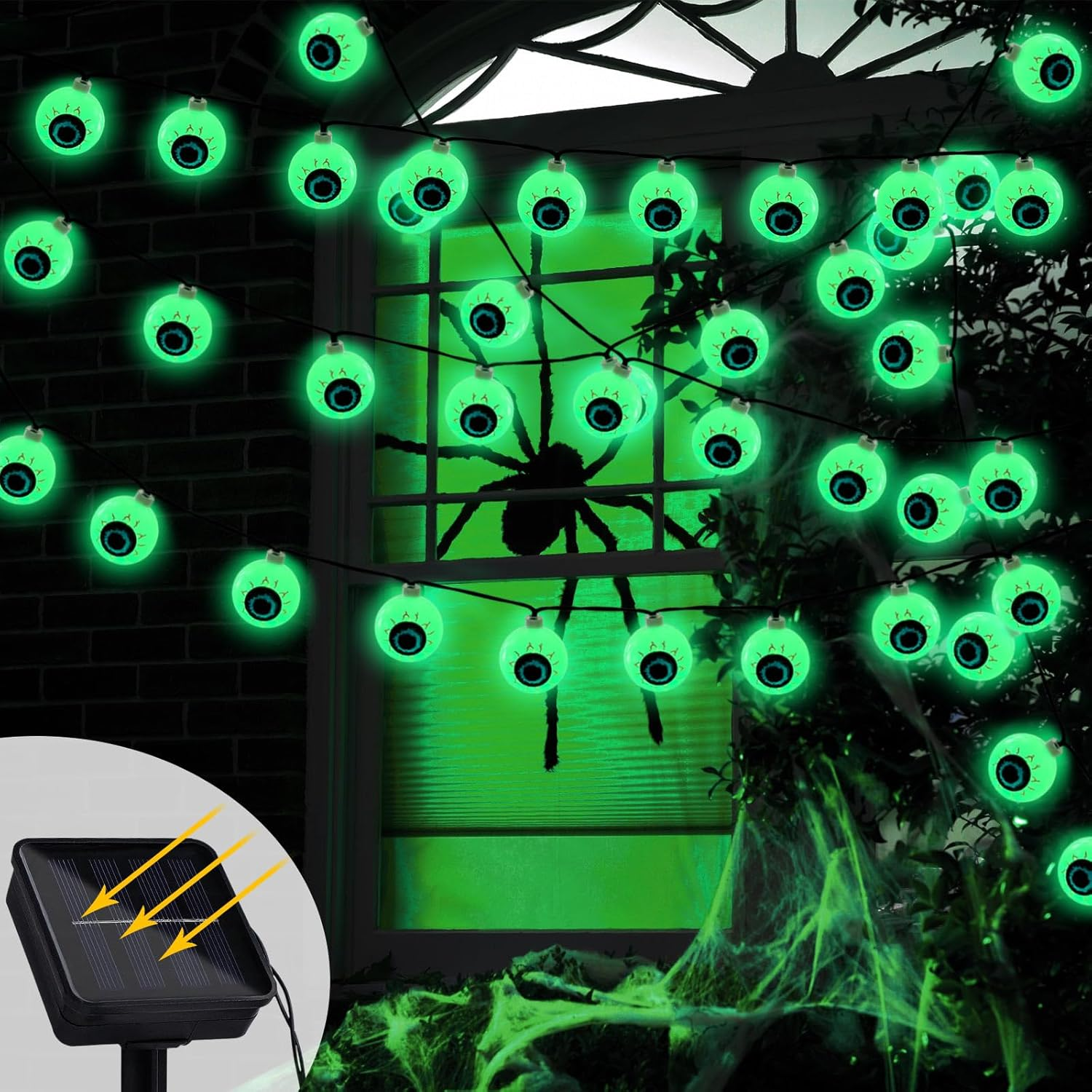 YBB Solar Eyeball String Lights, 16.4Ft Waterproof Halloween Lights with 20 LED Scary Green Eyeballs 8 Modes for Halloween Party Home Wall Table Garden Tree Patio Yard Decor