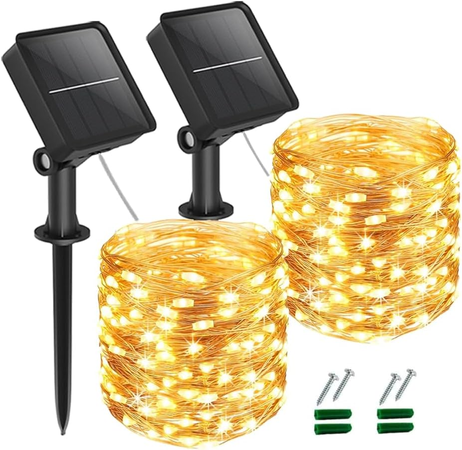 2 Pack Solar LED Fairy String Lights, Each 20M 200 LED Solar LED Outdoor Garden Lights, 8 Modes String Lights Decoration for Christmas, Terrace, Parties, Weddings, Patio, Festivals (Gold)