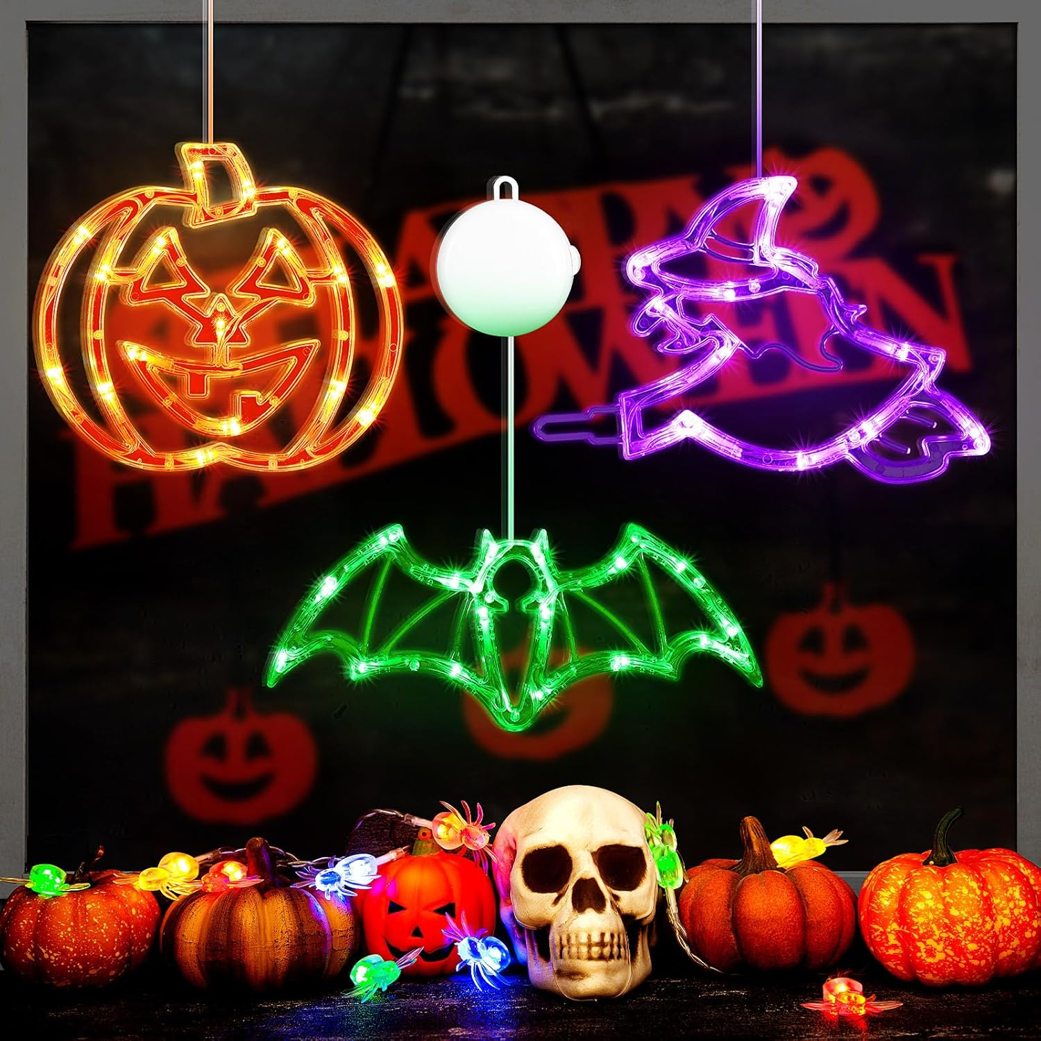 Kittmip 3 Pack Halloween Decorations Window Lights Halloween Window Silhouette Lights with Timer Suction Cups Battery Operated Indoor Lights for Home Halloween Party Decor (Pumpkin, Bat, Witch)