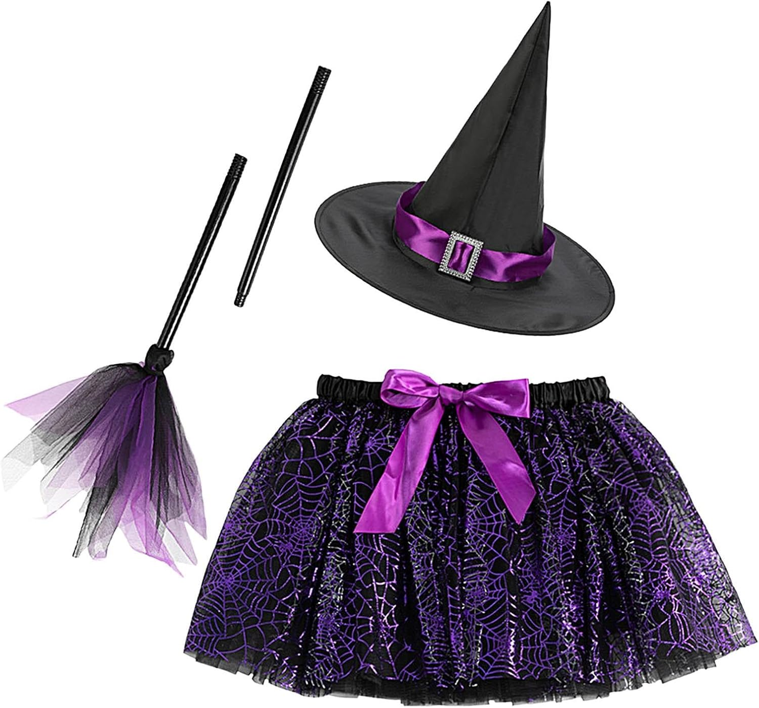 Girls Halloween Witch Tutu | Witch Tutu Skirt Costume Set | Purple Spider Web Witch Tutu Skirt | 3 Pieces Violet Spider Web Witch Dress-Up Set with Lining | Perfect for Kids – Dress up Tutu Set