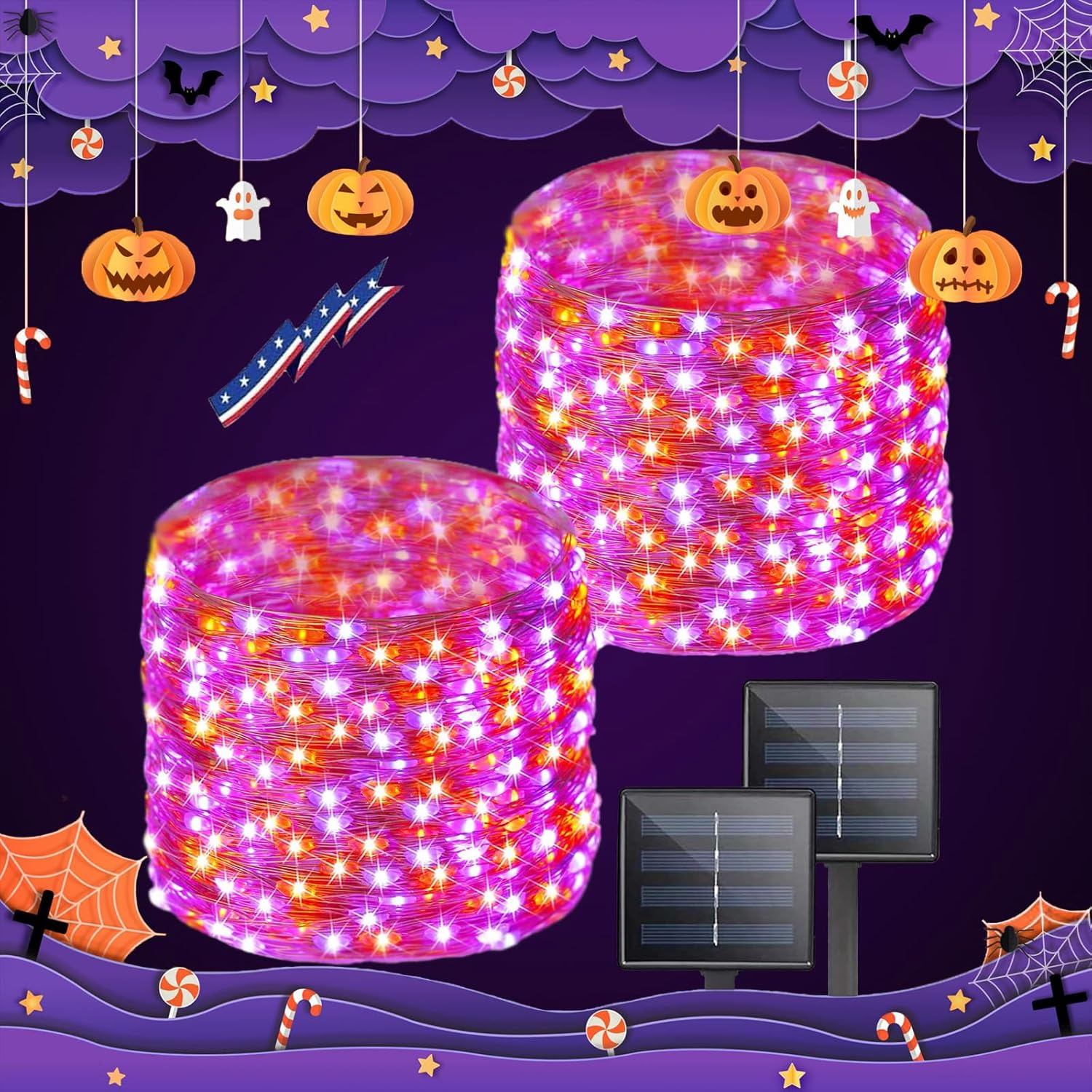 Purple and Orange Halloween Solar String Lights Outdoor, 2-Pack 80FT 200LED Solar Twinkle Lights outside Waterproof, Copper Wire 8 Modes Solar Halloween Fairy Lights for Halloween Decoration Outdoor