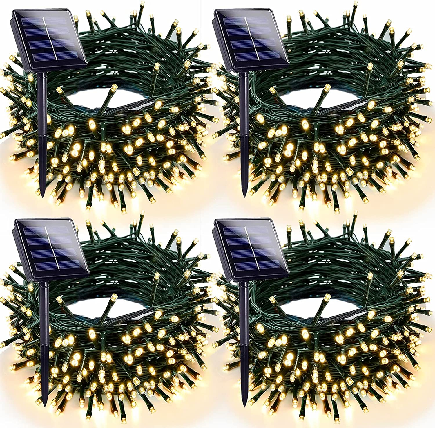 4Pk Warm White Solar Christmas Lights Outdoor Waterproof, 400LED 132FT Solar Powered LED String Lights Green Wire with 8 Modes, Solar Fairy Lights for Xmas Tree Party Wedding Garden Fence Decorations