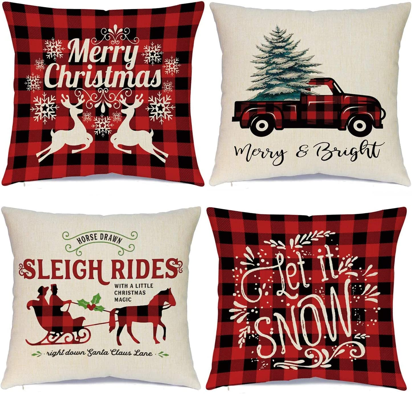 Christmas Decorations, Merry Christmas Throw Pillow Covers 18 X 18 Inches Set of 4 -Christmas Cushions Covers Neutral -Zippered Christmas Pillow Covers (Retro Red Plaid Reindeer Car)