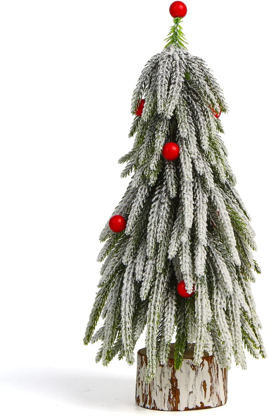 CCINEE 12 Inch Mini Christmas Tree Artificial Snow Flocked Tabletop Christmas Tree with Wooden Base Red Berry Xmas Pine Tree for Xmas Party Home Decoration