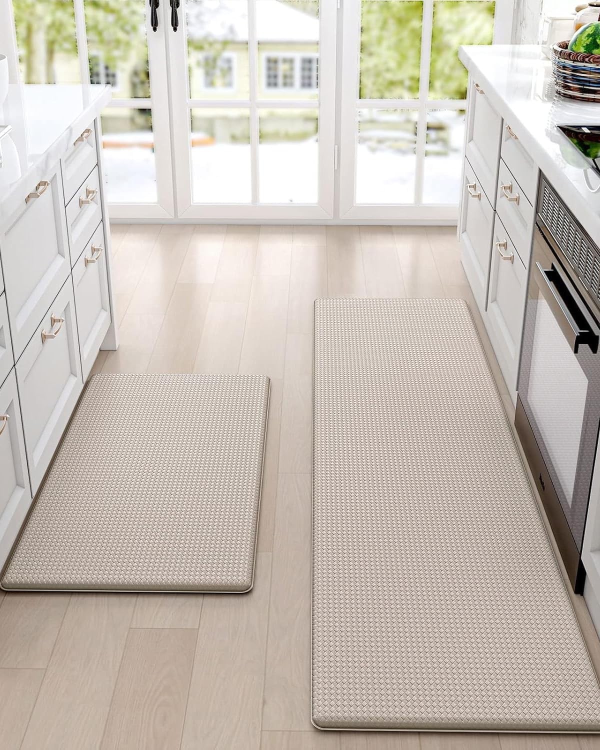 DEXI 2PCS Kitchen Rugs and Mats Cushioned anti Fatigue Comfort Mat Non Slip Standing Rug 2 Pieces Set 17″X29″+17″X59″,Beige White