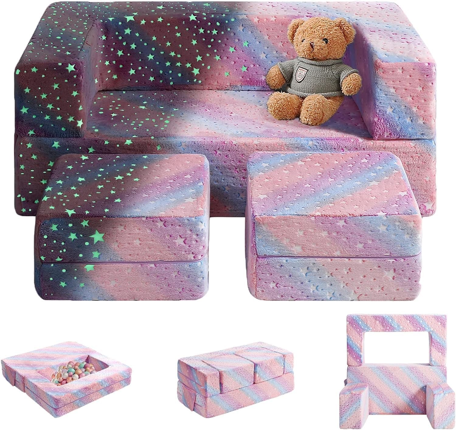 Kids Couch, Glow in the Dark Modular Kids Explore Sofa for Toddler 3 in 1 Fold Out Kids Toddler Sofa, Convertible Plush Toddler Couch with Washable and Durable Covers (Glow-Rainbow & Stars)