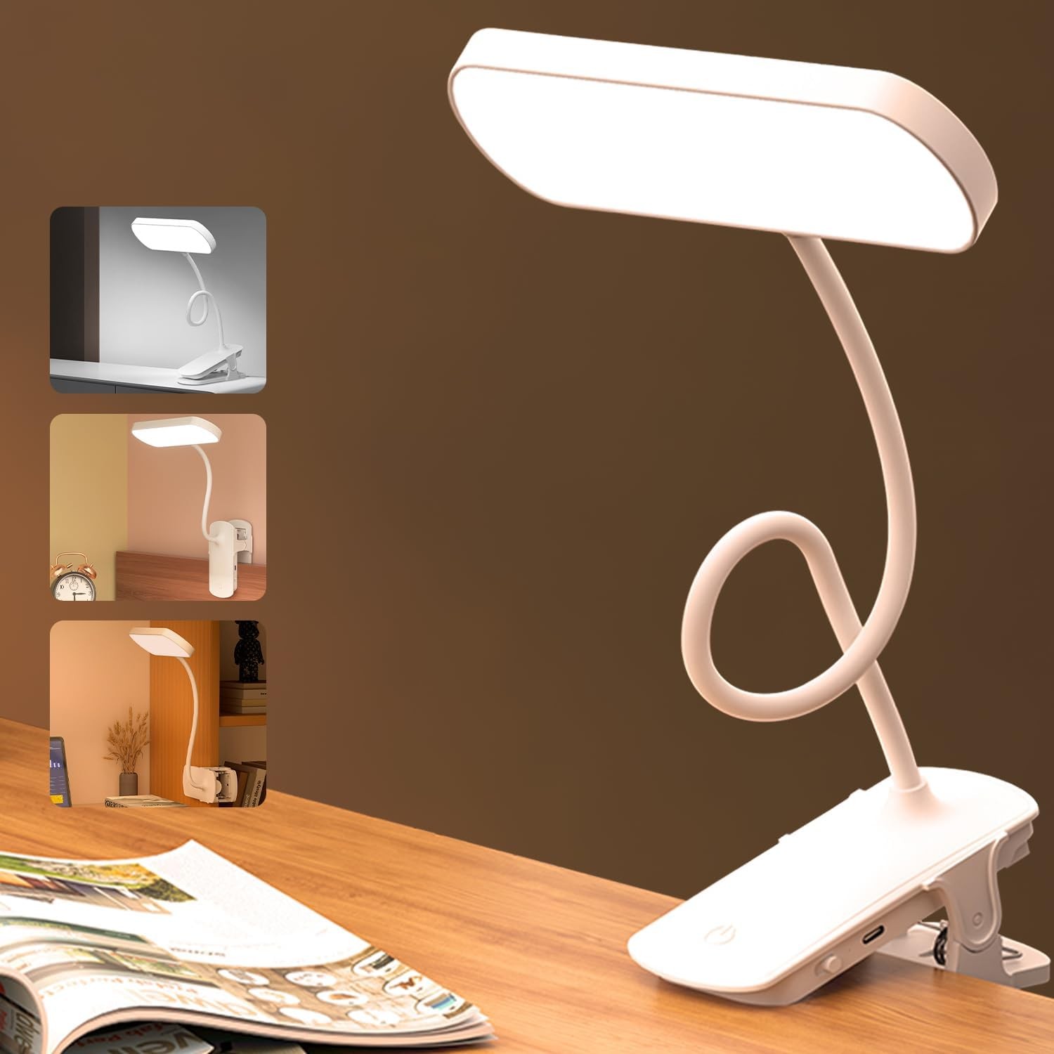 Necomi LED Desk Lamp with Clamp, 3 Color Modes Clip on Light, Eye Protect Book Bed Light, Touch Control Clip Lamp, Can Be Clamped/Hung/Stood for Home Book Bed and Computer