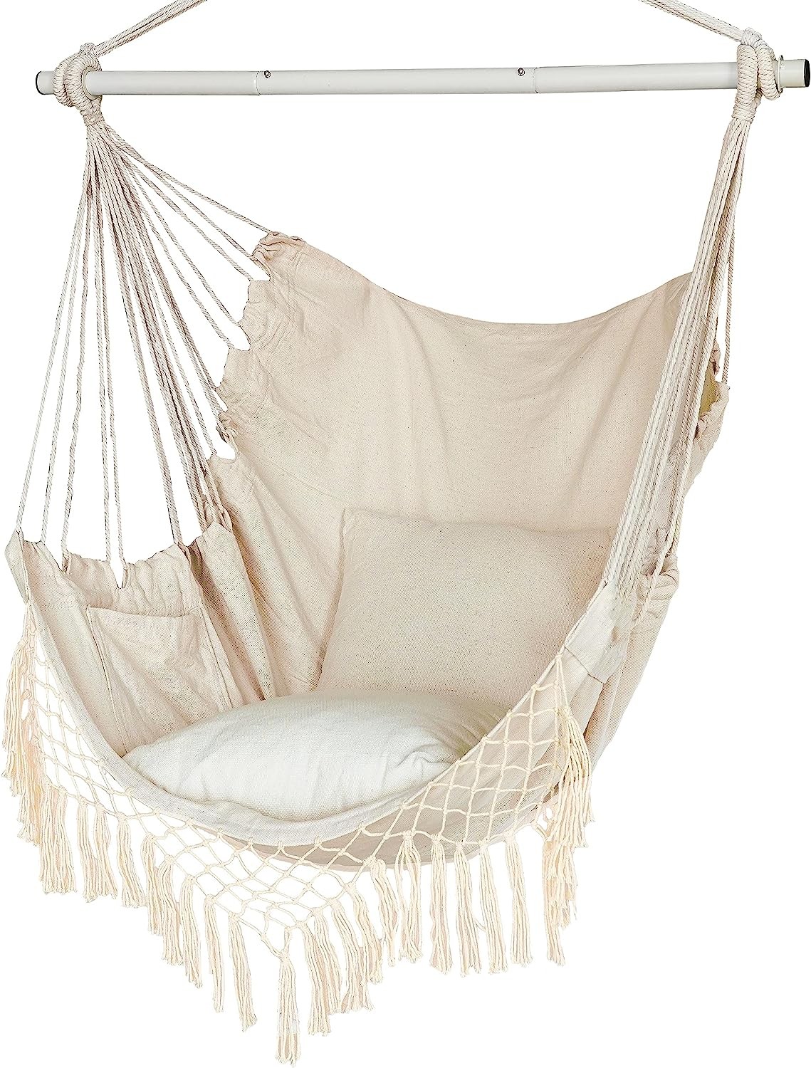 Hammock Chair, Hanging Rope Swing Seat with 2 Cushions,Macrame Hanging Chair Side Pocket with High Load-Bearing Metal Rod,For Indoor, Outdoor, Extra Comfortable