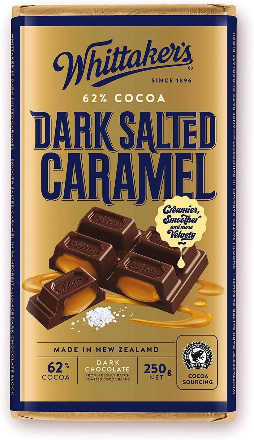 Whittaker’S Dark Salted Caramel Block – Finest Dark Chocolate with Salted Caramel Filling, 250G- 62% Cocoa- Ethically Crafted- 100% Rainforest Alliance Certified