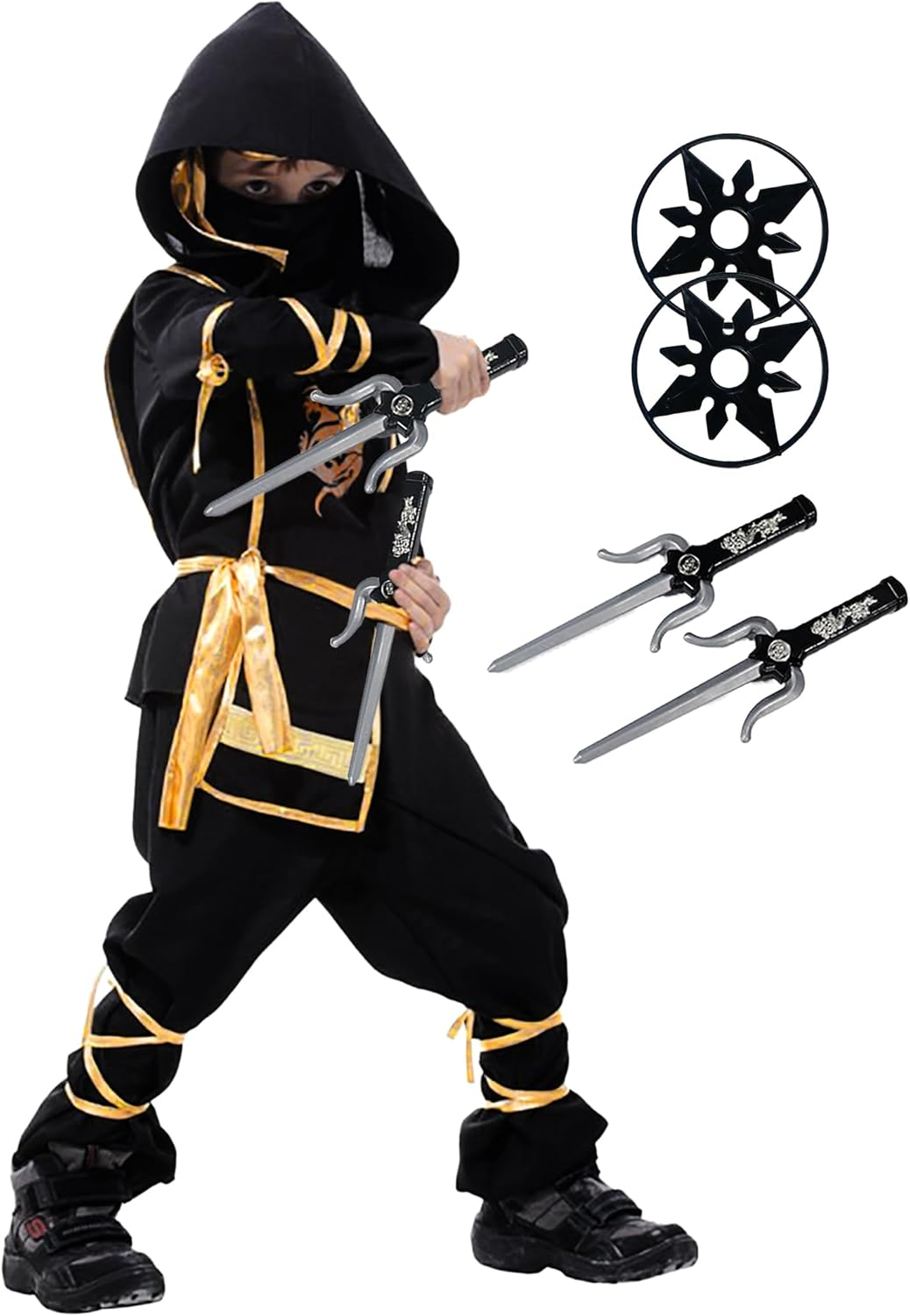 Kids Ninja Costume – Deluxe Ninja Outfit with Plastic Ninja Toys, Halloween Dress up Ninja Costumes for Boys Girls