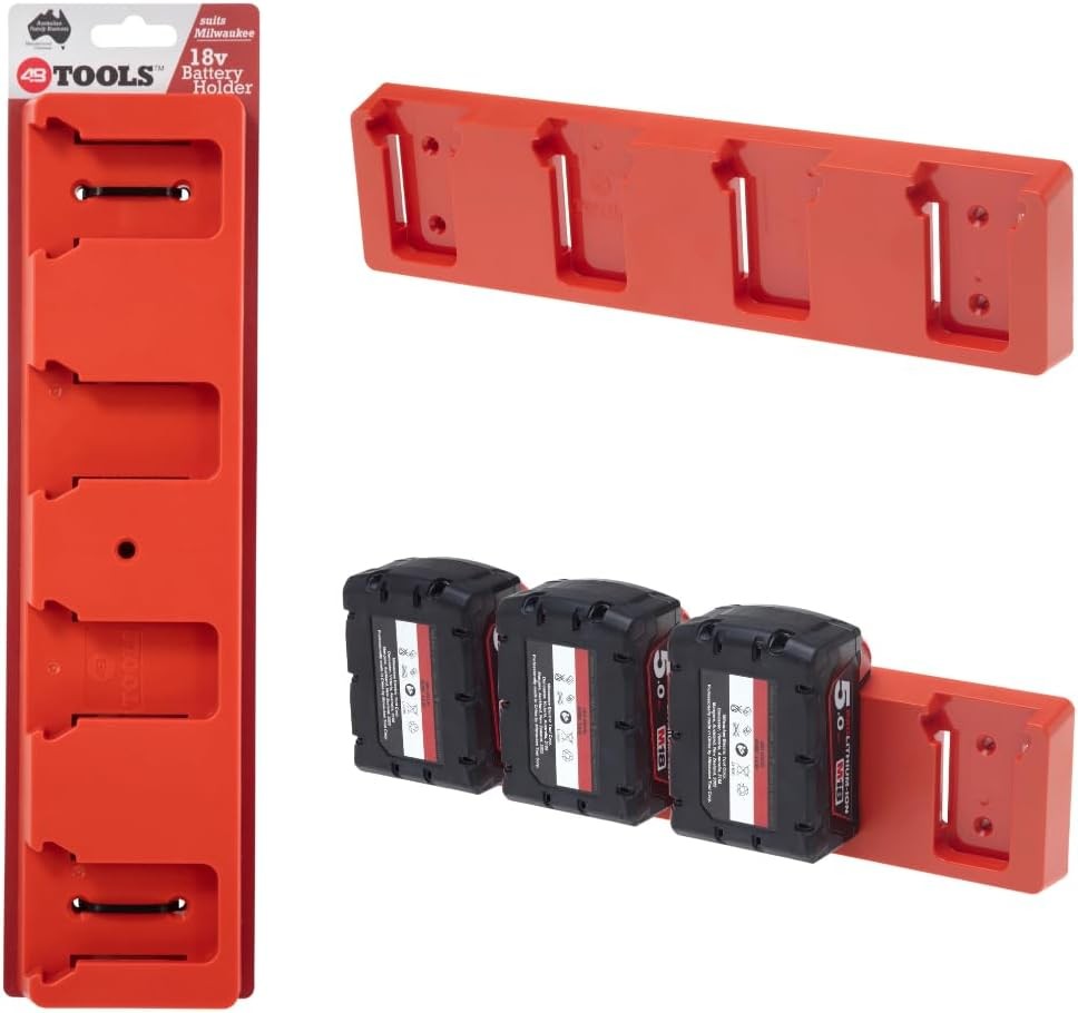 48 Tools Milwaukee M18 18V Battery Wall Storage Mount – Durable ABS, Easy Install, 4-Bay Holder for Workshop, Trailer, Van