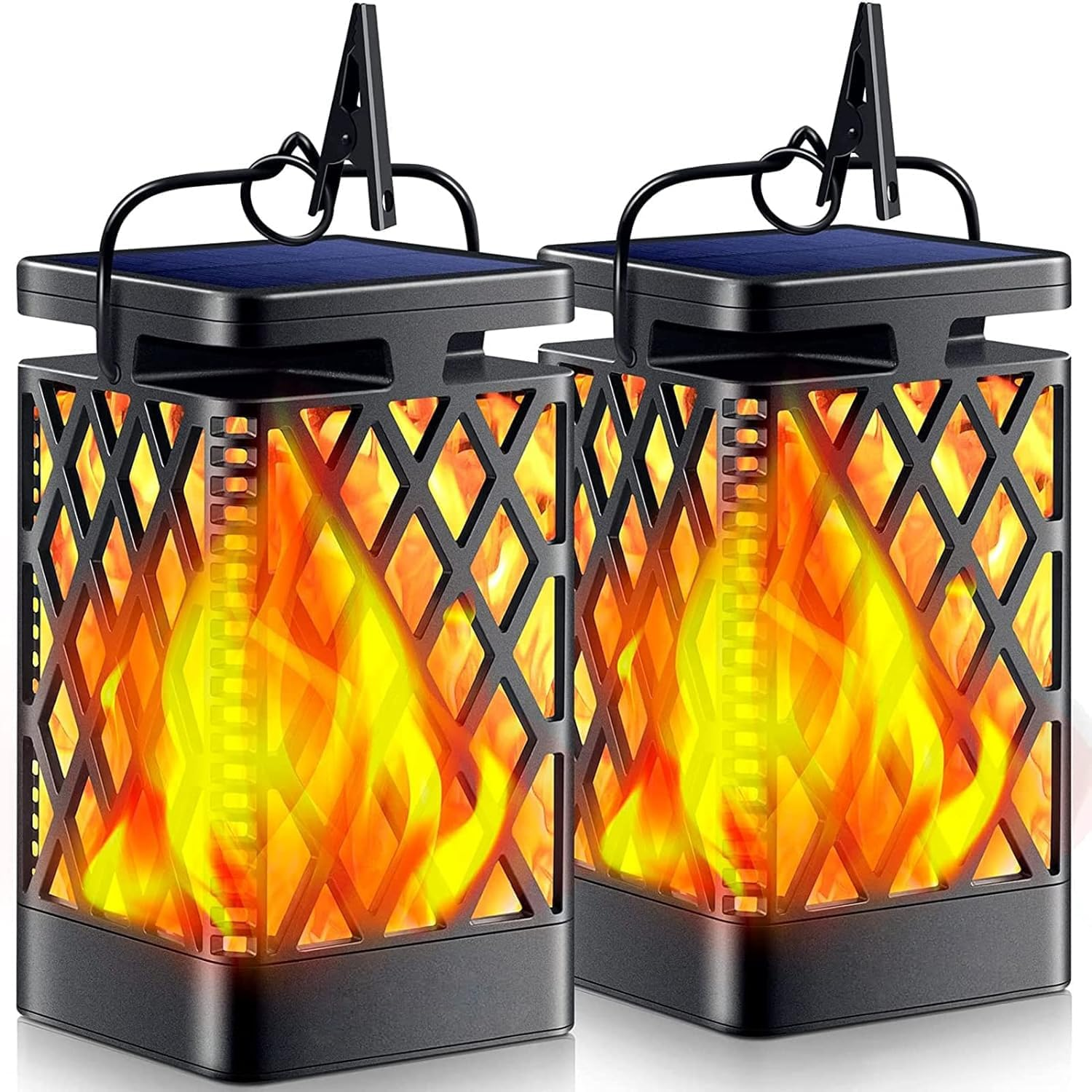 Solar Lights Outdoor Flickering Flame Solar Lantern Outdoor Hanging Lanterns Decorative Outdoor Lighting Solar Powered Waterproof LED Flame Christmas Lights for Patio Garden, 2 Pack(Black)