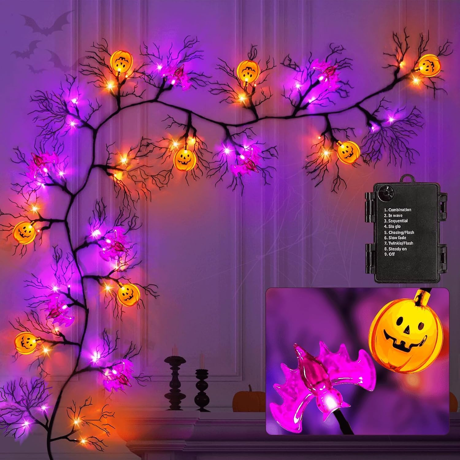 6 Ft 8 Modes & Timer Halloween Willow Vine Twig Garland with 45 LED Orange & Purple Lights 8 Bats & Pumpkin,Halloween Garland with Waterproof Battery Operated for Home Wall Fireplace Decorations