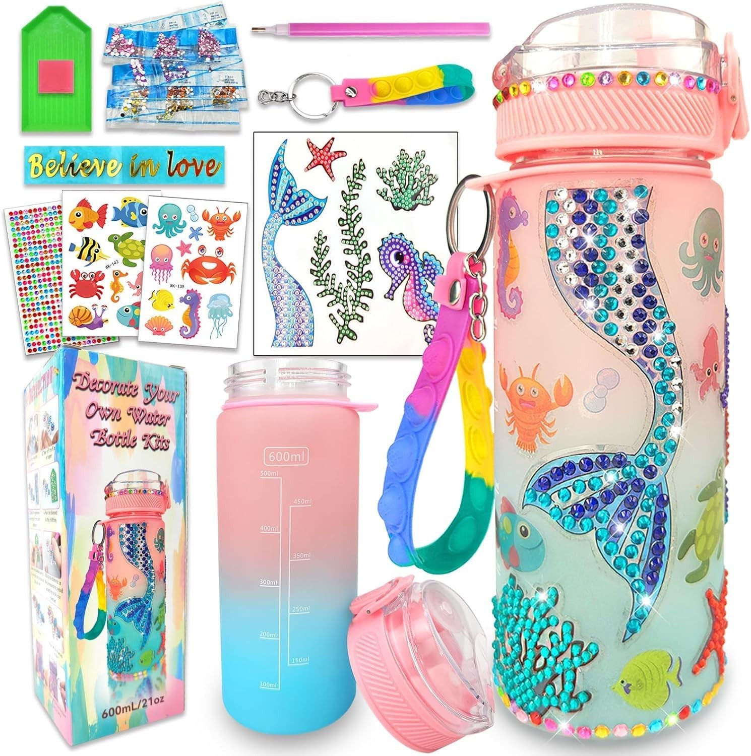 PELOSTA Decorate Your Own Water Bottle Kits for 3 4 5 6 7 8 Year Old Girls, Mermaid Toys Painting Crafts,Fun DIY Arts and Crafts for Girls Christmas Birthday Gifts (Mermaid 600Ml)