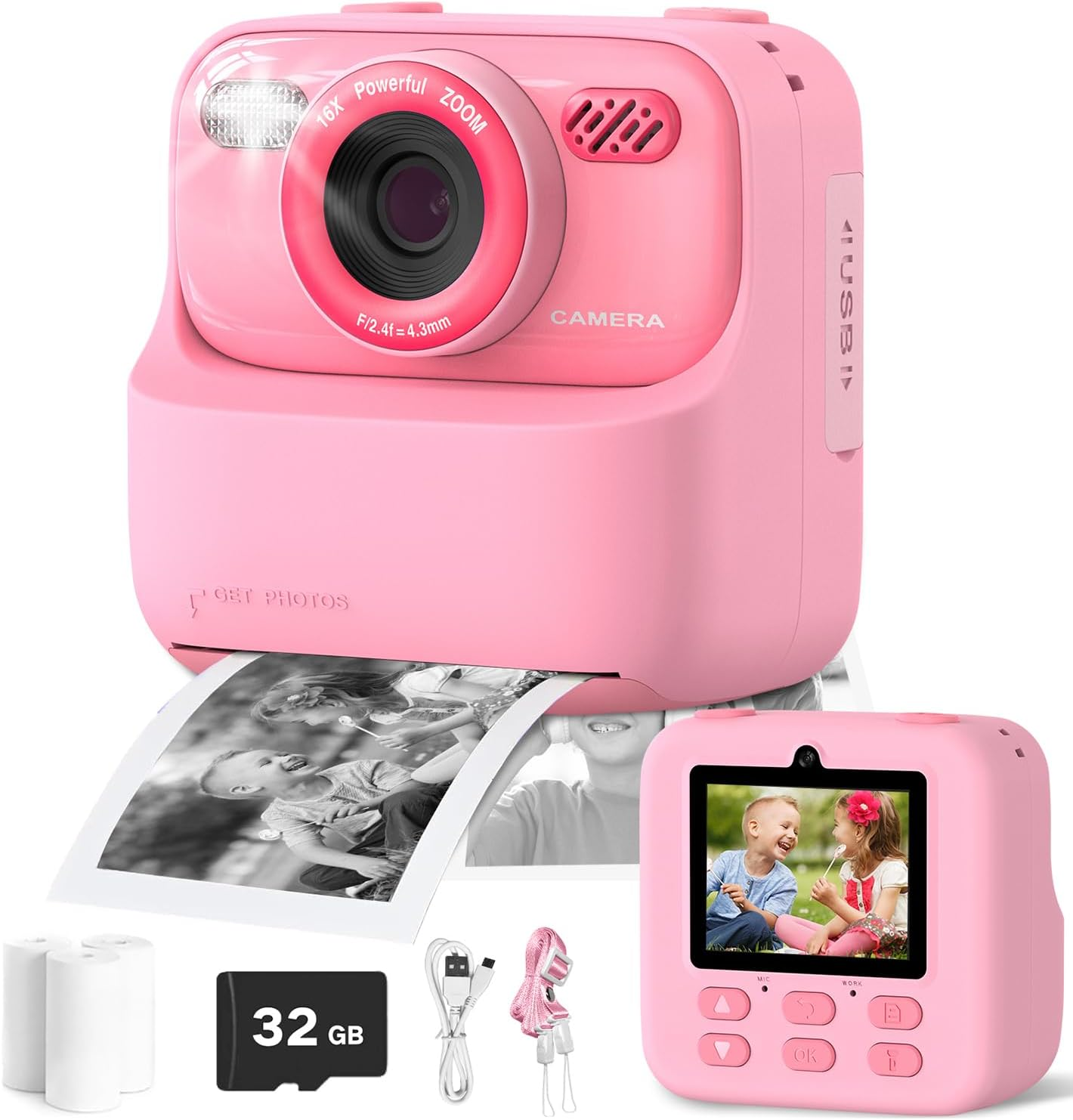 ZONEY Instant Print Camera for Kids,2.4 Inch Screen Kids Instant Cameras, Christmas Birthday Gifts for Girls Age 3-12, Portable Toddler Toy for 3 4 5 6 7 8 9 10 Year Old Girls Boys (Pink)