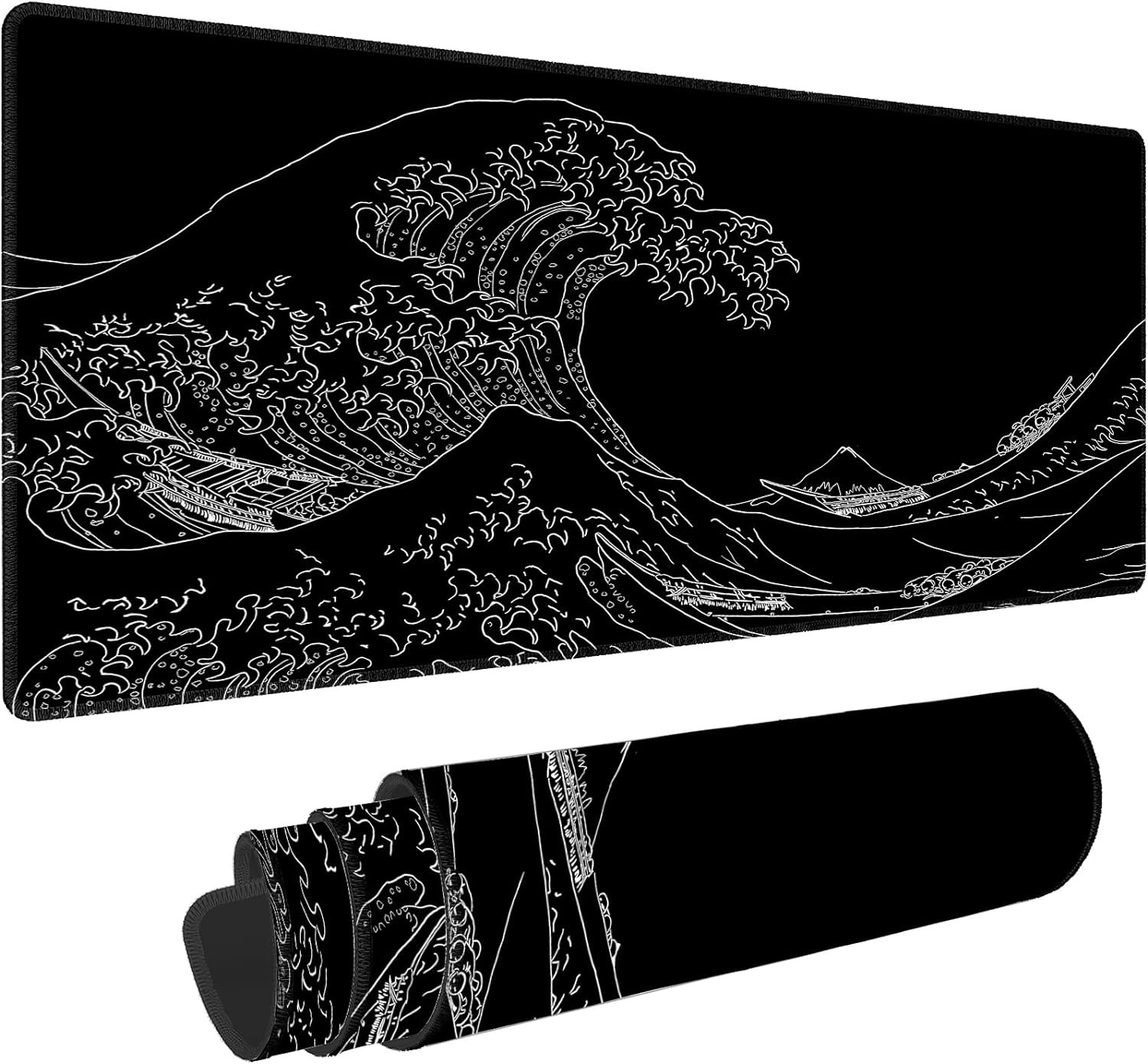 Gaming Mouse Pad Large Desk Mat Japanese Sea Wave Mouse Pad Gaming Mousepad 31.5 X 11.8In Mouse Mat Desk Pad XL Anime Black Kanagawa Mouse Pad for Keyboard with Anti-Slip Rubber Base Keyboard Pad