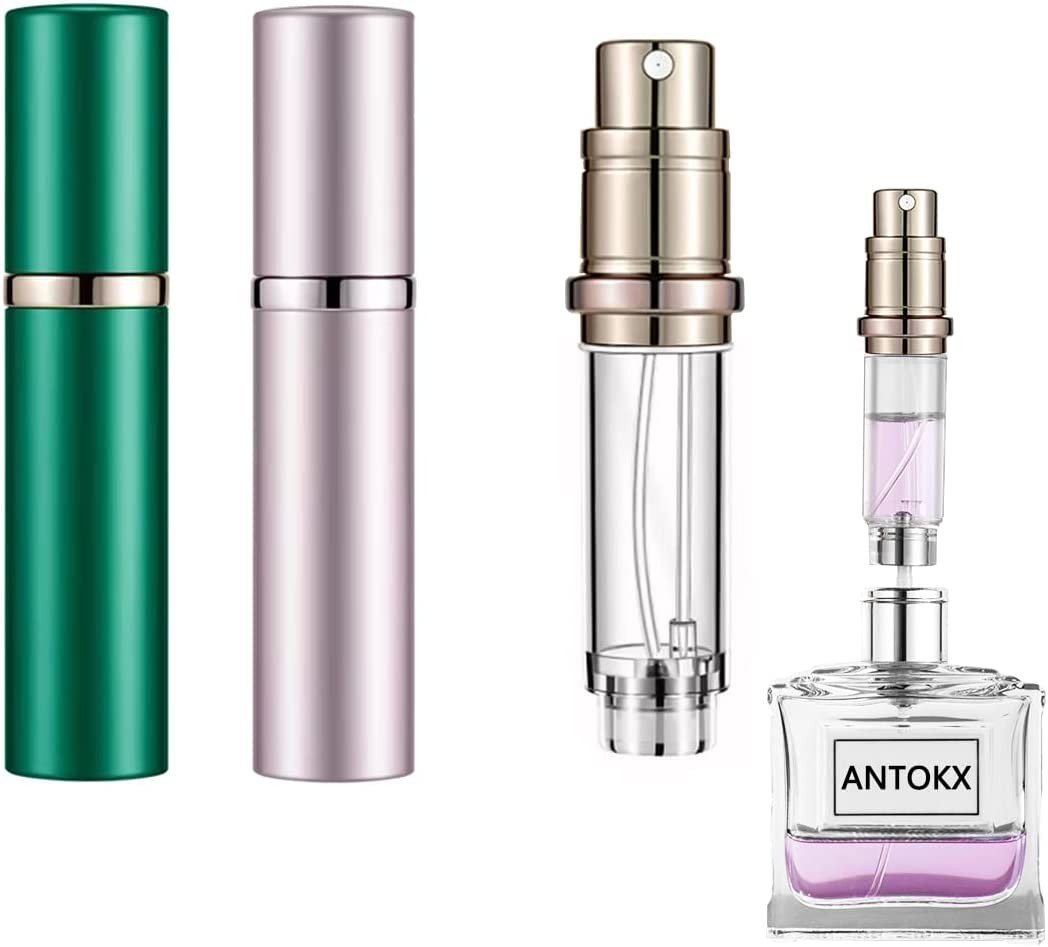 Travel Perfume Refillable Bottle Atomiser – 2-Pack 5ML ANTOKX Perfume Atomiser, Pocket Perfume Dispenser, Scent Pump Case, Leakproof Portable Perfume Sprayer for Women and Men (Green & Pink)