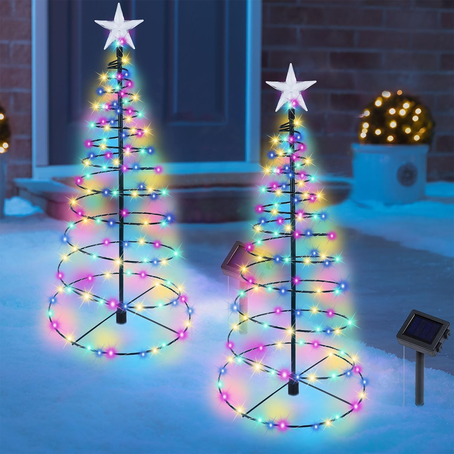 YUTONG 2 Pack Solar Spiral Christmas Trees Lights, 8 Mode Outdoor Light up Xmas Pathway Markers with Stake, Auto On/Off & Waterproof Lights for Patio Yard Walkway Driveway Decor (Colored Light)