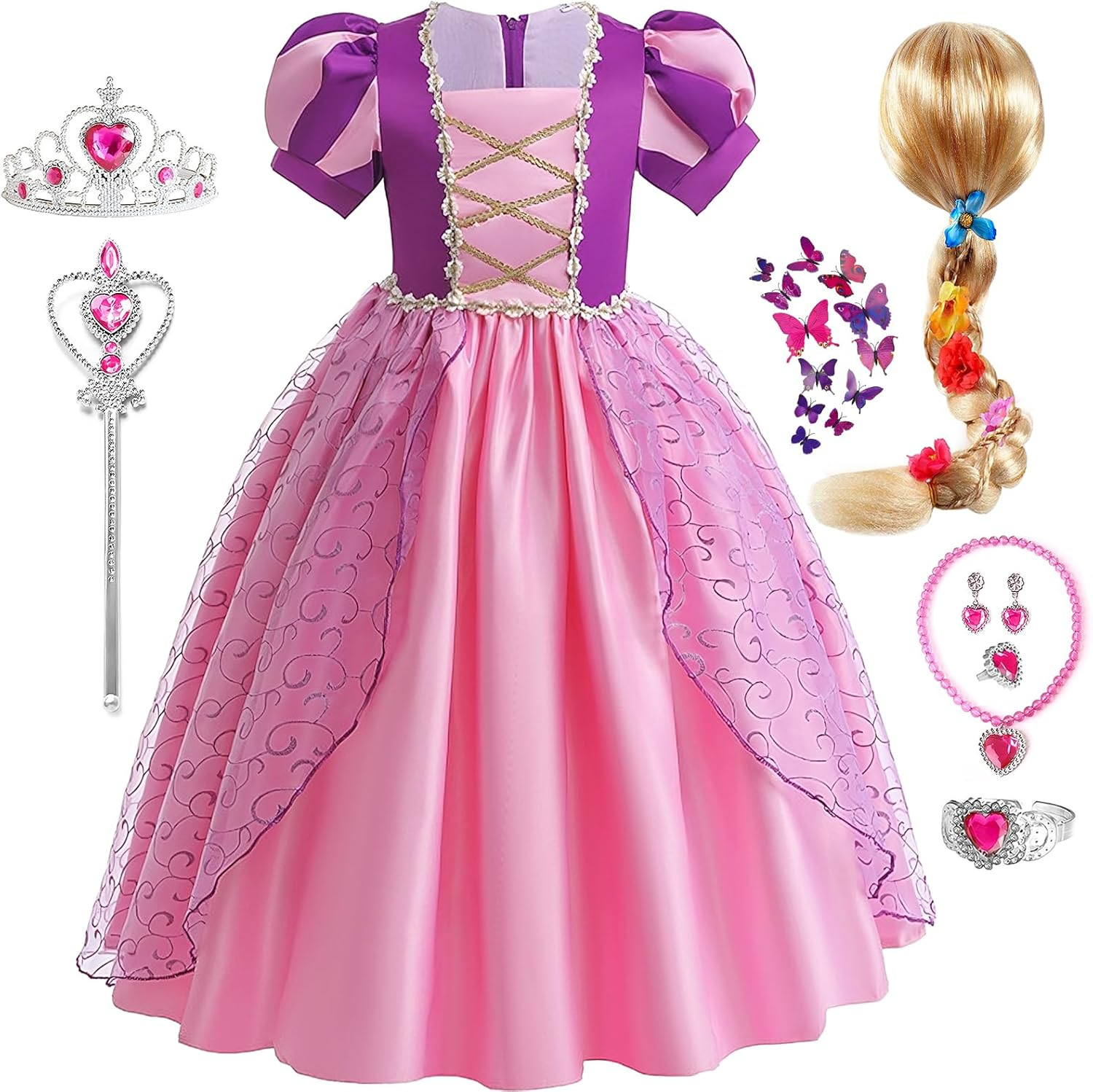 G.C Girls Rapunzel Dress Princess Dress up Costume Toddler Puff Sleeve Dresses Wig Crown Wand Jewelry Cosplay Clothes