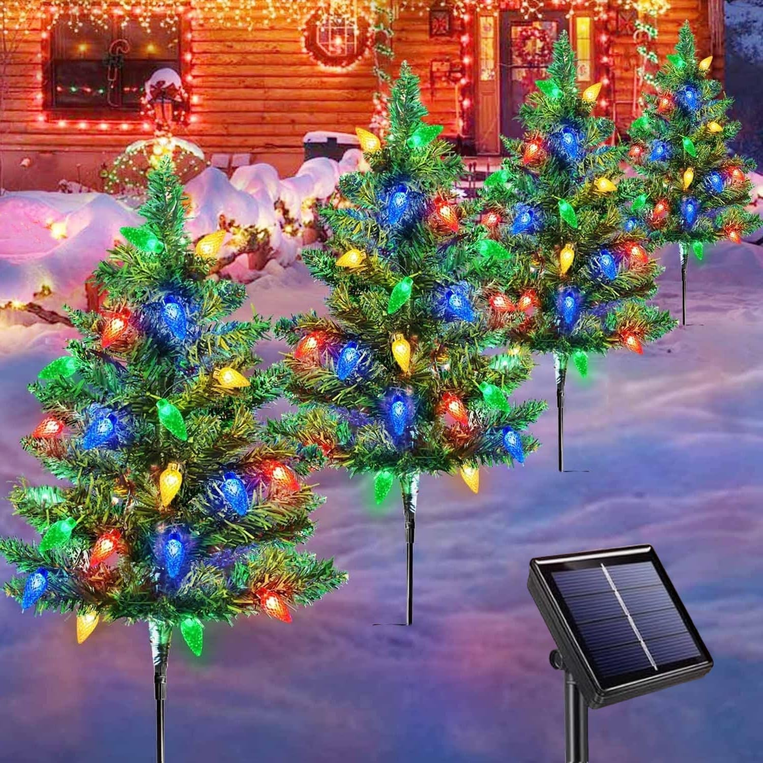 YUTONG 4-Packs Solar Christmas Tree Pathway Lights Outdoor Christmas Decorations Waterproof IP65,8 Modes Solar Christmas Garden Stake Lights, for Garden Yard and outside Decorations