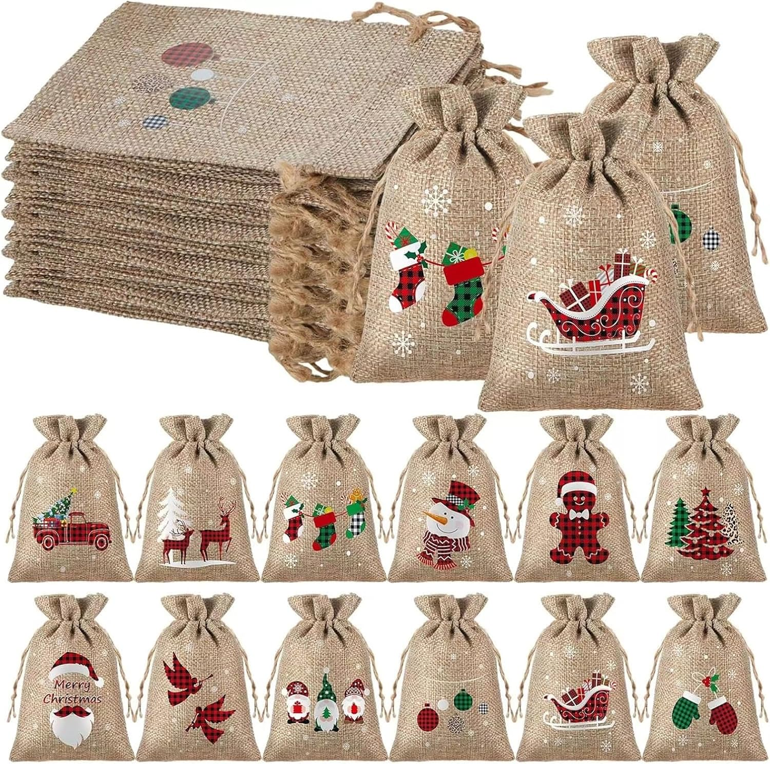 24 Pack 12 Designs Bags with Drawstrings Christmas Burlap Bags, Candy Goody Treat Bags, Gift Wrapping Bags for Xmas Party Favors, Reusable Wrapping Bags, Holiday Party Favors Bags