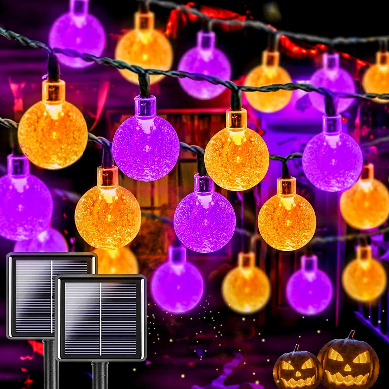 2-Pack 100 LED 64FT Purple and Orange Solar Halloween Lights, Outdoor Waterproof Solar Globe String Lights with 8 Lighting Modes, Solar Outdoor Halloween Decorations for Garden Party Patio