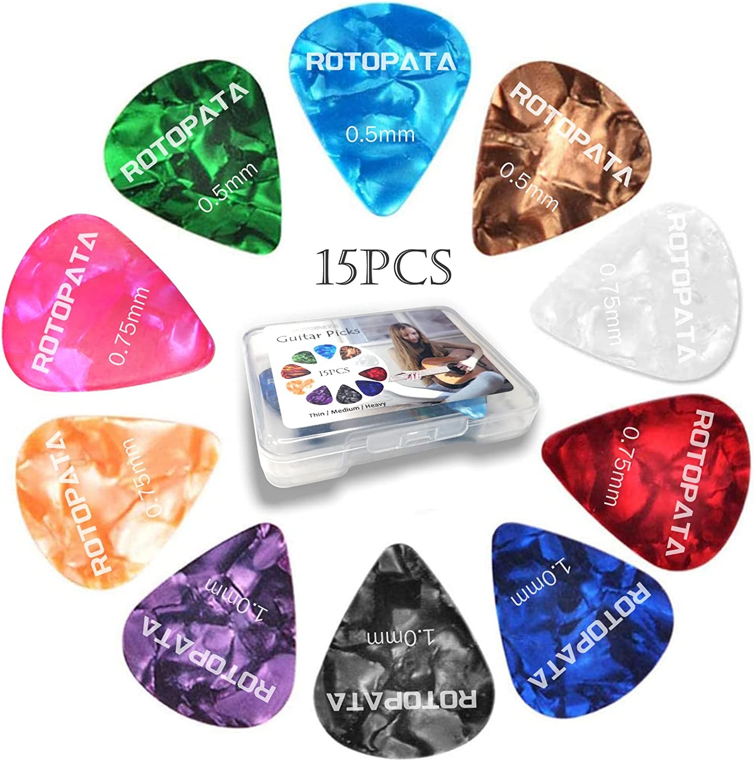 15 Pcs Guitar Picks Variety, Colorful Premium Celluloid Picks for Acoustic Electric Guitars Bass or Ukulele, with Different Sizes Contain Thin, Medium & Thick Gauges