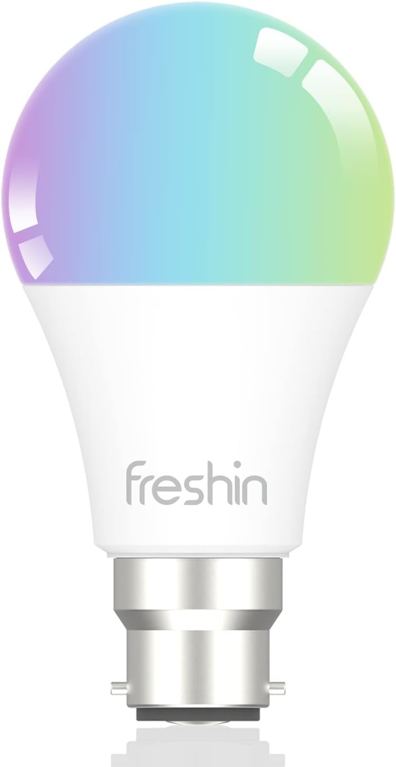 Smart Light Bulbs FRESHIN B22 9W RGBCW Wifi Light Bulb, Dimmable Led Light, 2.4Ghz Only, Compatible with Alexa,Google Home No Hub Required (1)