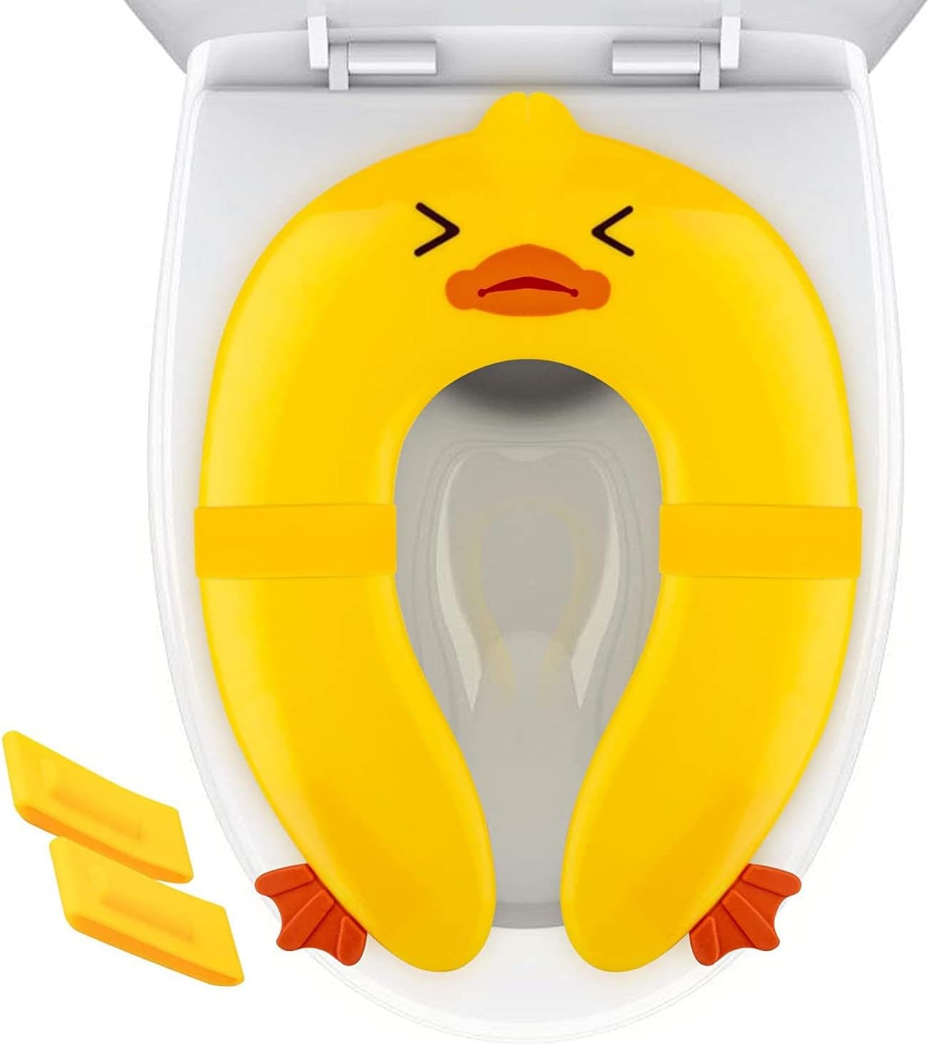 POKANIC Toilet Potty Training Seat Cover, Travel Toilet Seat, Folding Non Slip Silicone Pads, Travel Portable Reusable Kids Toddlers Boys Girls, Carry Bag (Yellow – Duck)