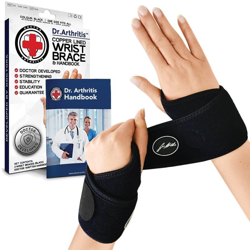 Dr. Arthritis Doctor Developed Copper Wrist Brace/Carpal Tunnel/Wrist Support/Wrist Splint/Hand Brace -F.D.A. Medical Device & Doctor Handbook-Night Support for Women Men-Right & Left Hands (2 PK)