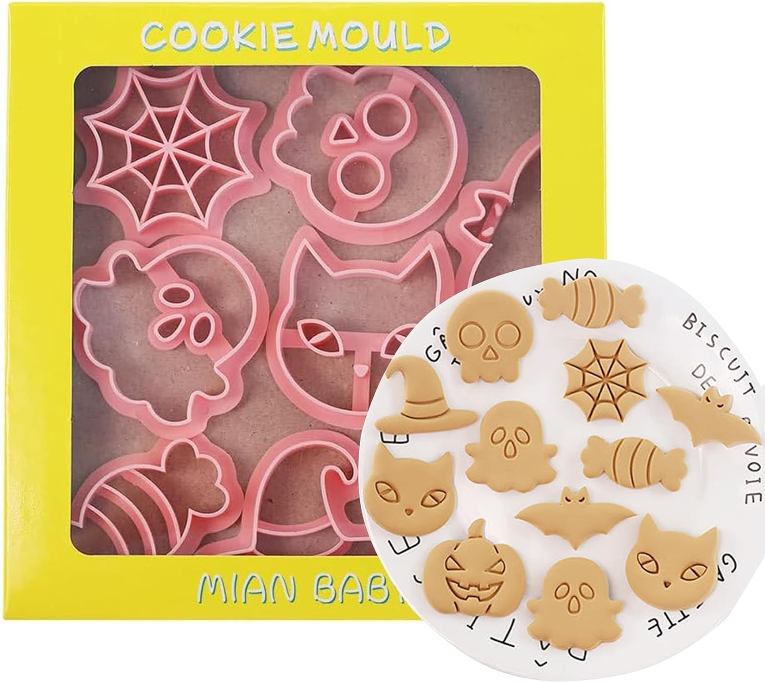 MKUCCD 108Pcs Halloween Cookie Cutters Set, Including 8Pcs Cookie Cutter and 100Pcs Clear Cookie Bags, for Baking Cookie Set Kitchen Tools 3D Cookie Stamps Embossing Cutters (Halloween A)