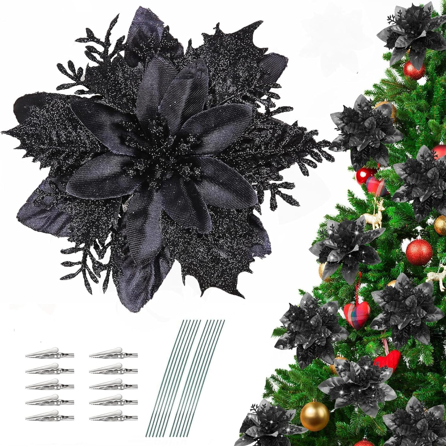 Christmas Tree Decorations,10Pcs 14Cm / 5.5In Gold Poinsettia Artificial Christmas Flowers with Clips and Stems Glitter Christmas Tree Ornaments for Xmas Wedding Party Wreath Decorate (Black)