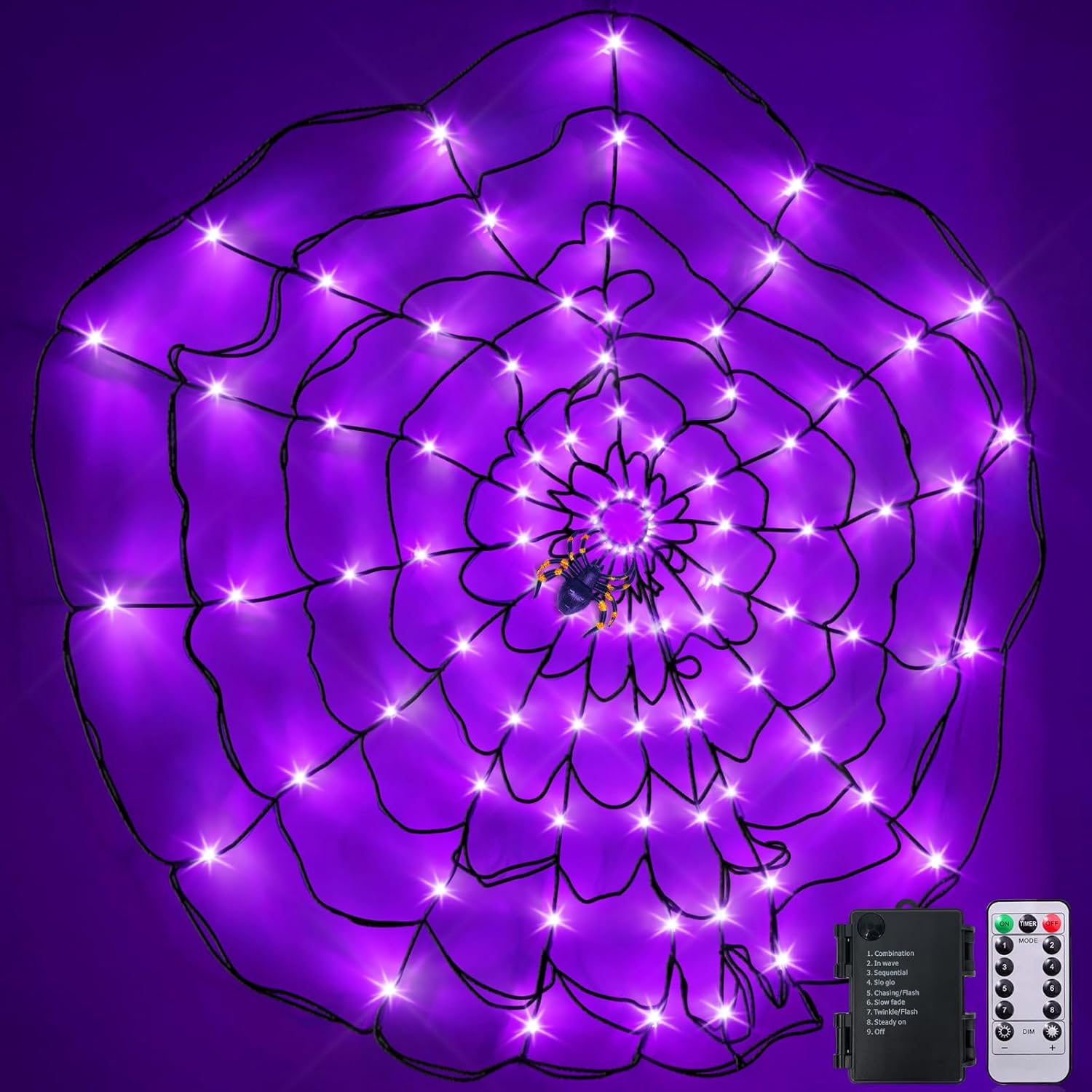 TURNMEON 3.6Ft 96 LED Halloween Spider Web Lights with Timer 8 Flashing Modes Purple Spider Battery Operated Net Lights Scary Halloween Decorations Indoor Outdoor Home Yard Garden Party Bar (Purple)