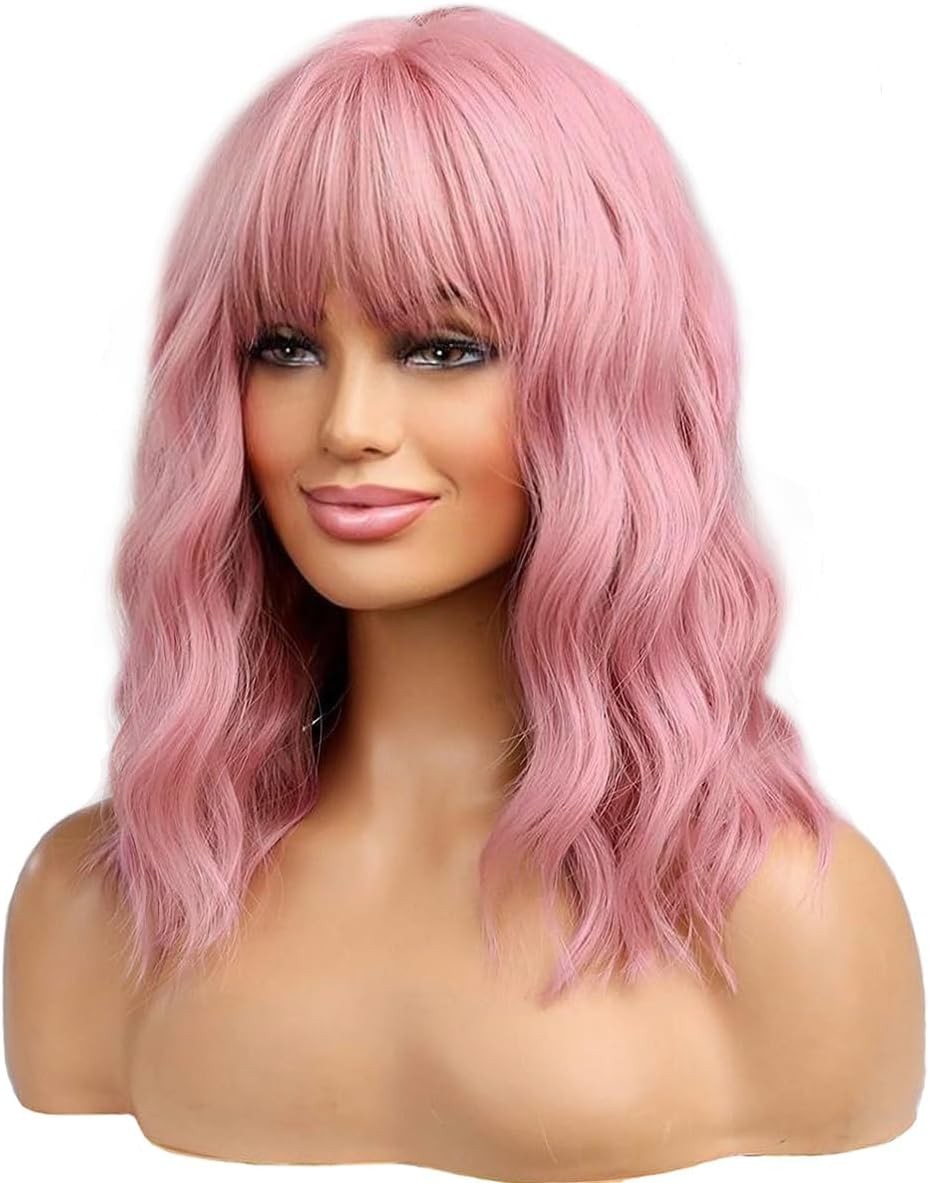 BERON 14 Inches Women Girls Short Curly Synthetic Wig with Bangs Lovely Pink