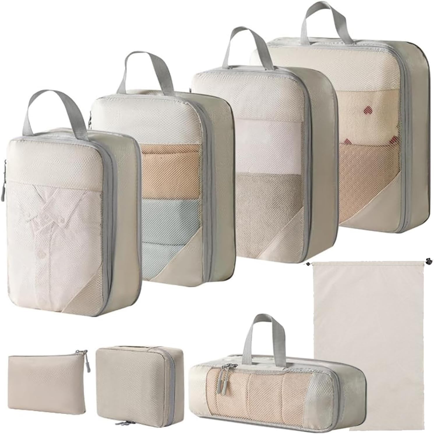 Compression Packing Cubes, Travel Packing Cubes Set of 8 Travel Packing Organisers Storage Bags Clothing Sorting Packages Travel Essentials Expandable Travel Bags Organizer for Luggage-Beige