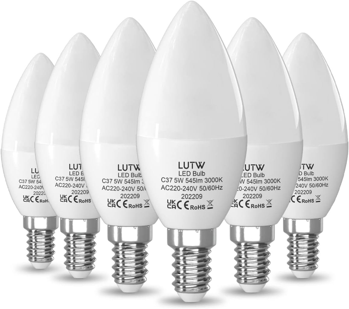 LUTW E14 LED Light Bulb Warm White, 40W SES Bulb Equivalent Candle Bulb, 5W 545Lm 3000K 160°Beam Angle C37 Screw Light Bulbs, Non-Dimmable, Pack of 6