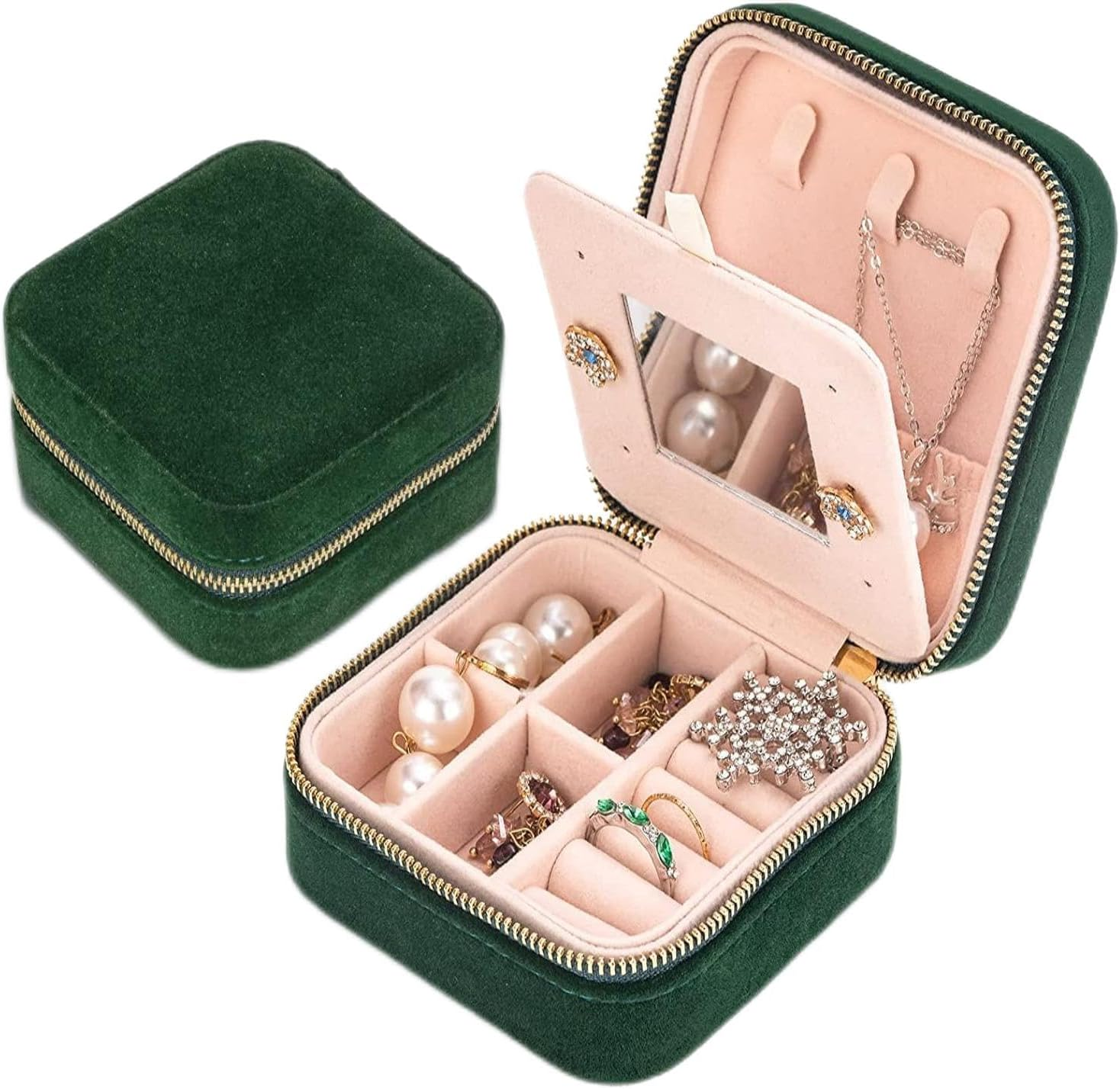 Velvet Mini Jewellery Box, Portable Jewellery Travel Organizer Case, Small Jewellery Box Trays Display Storage Holder Case with Mirror (Green)