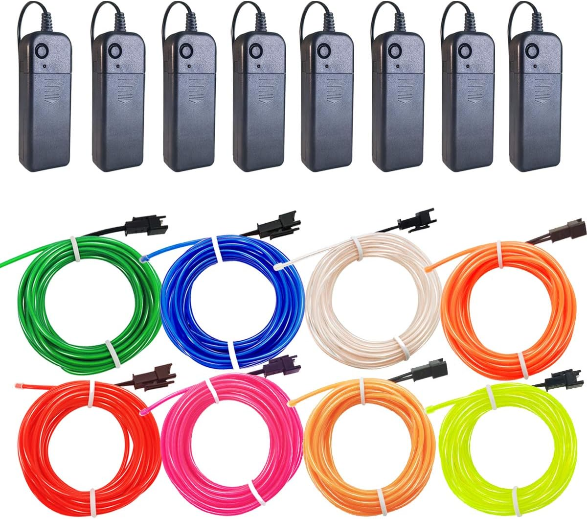 El Wire 8 Pack, 16.4FT/ 5M Neon Light with Battery Pack (Red, Blue, Pink, Green, White,Fluorescent Green,Yellow,Orange) for Halloween Decorations DIY Costume