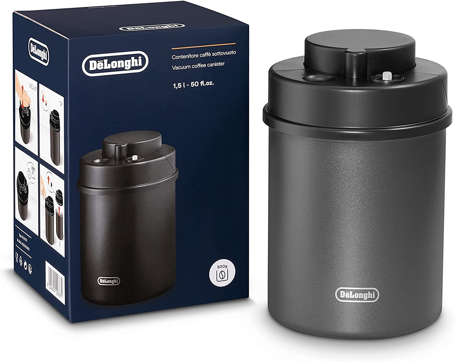 De’Longhi Vacuum Coffee Canister DLSC071, Manual Sealing, Capacity 1.5 L, Black Painted Stainless Steel Body